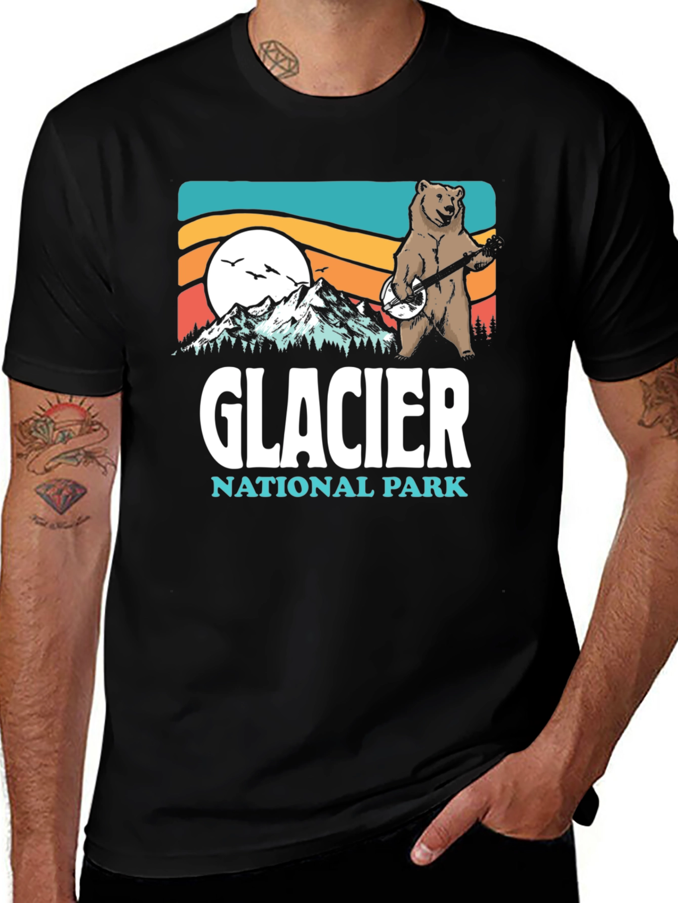 Glacier National Park Bear Banjo Black T-Shirt