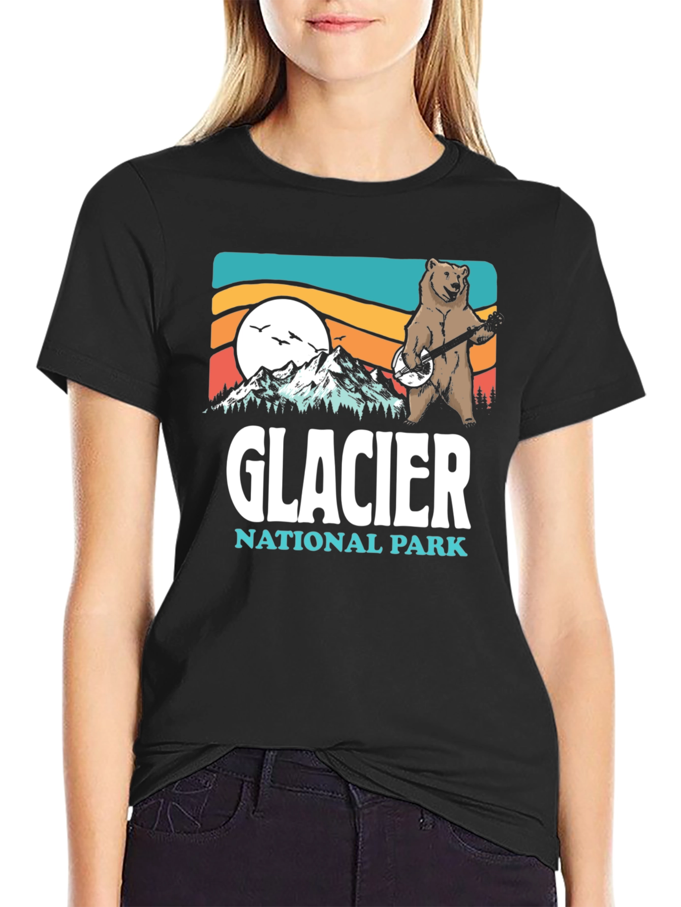 Glacier National Park Bear Banjo Black T-Shirt
