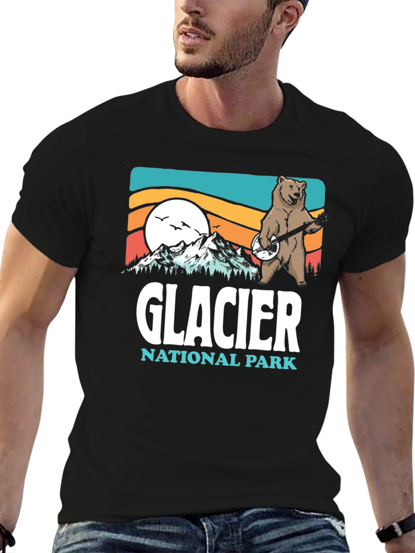 Glacier National Park Bear Banjo Black T-Shirt