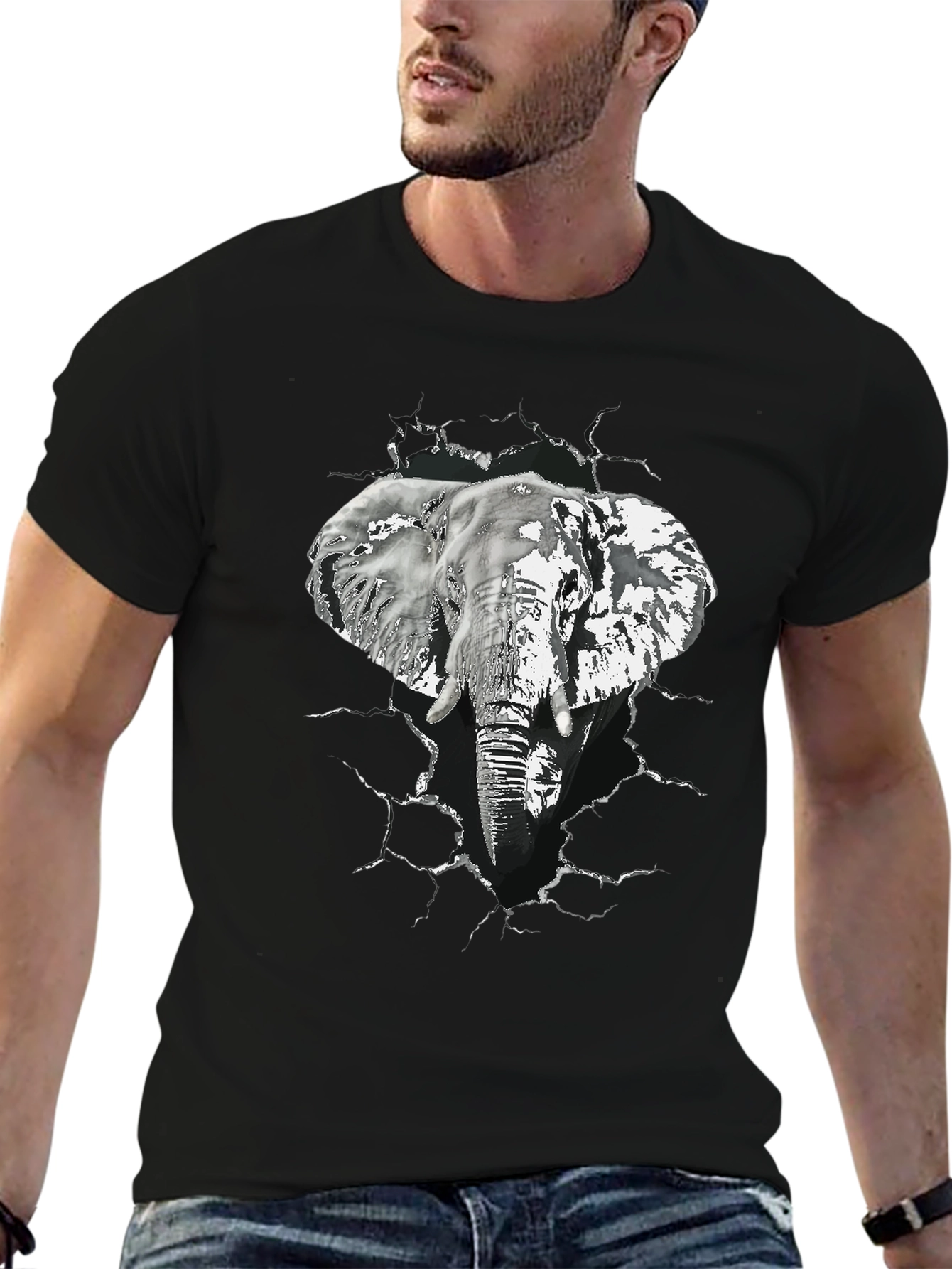 Elephant Graphic Print Mens Black T-Shirt