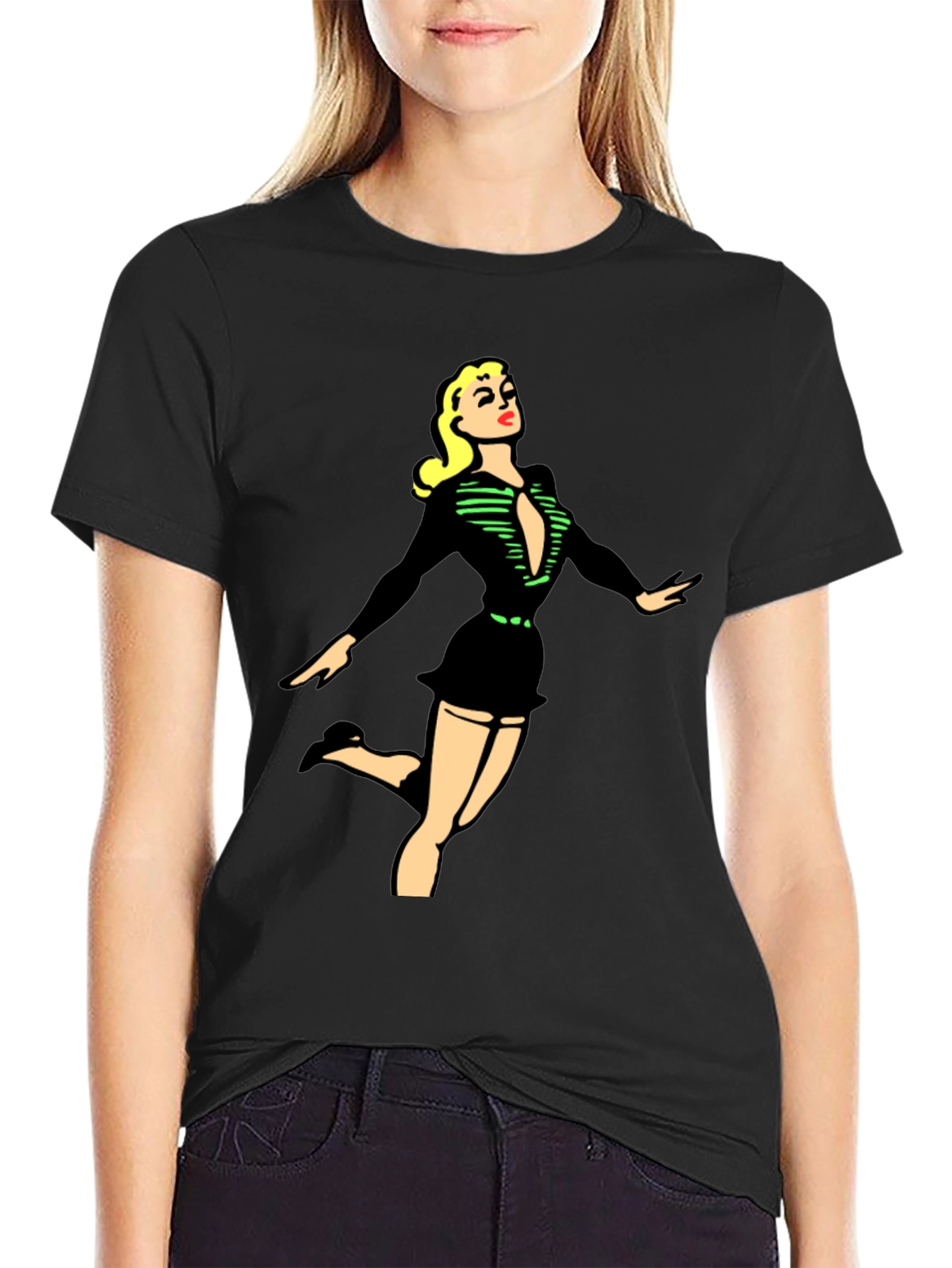 Retro Pin-Up Girl Graphic Black T-Shirt