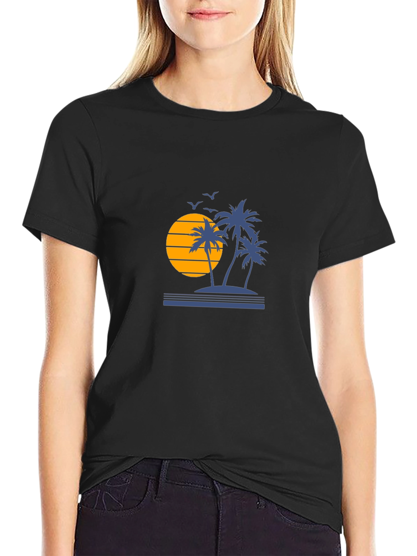 Sunset Palm Tree Graphic Tee - Black