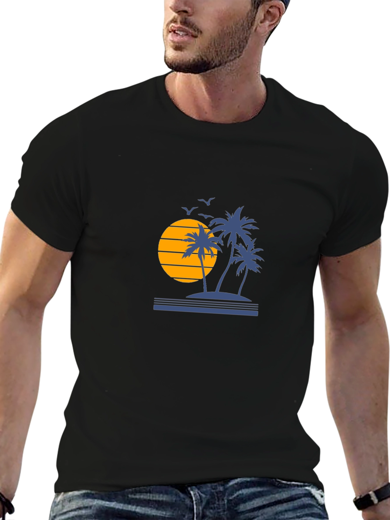 Sunset Palm Tree Graphic Tee - Black