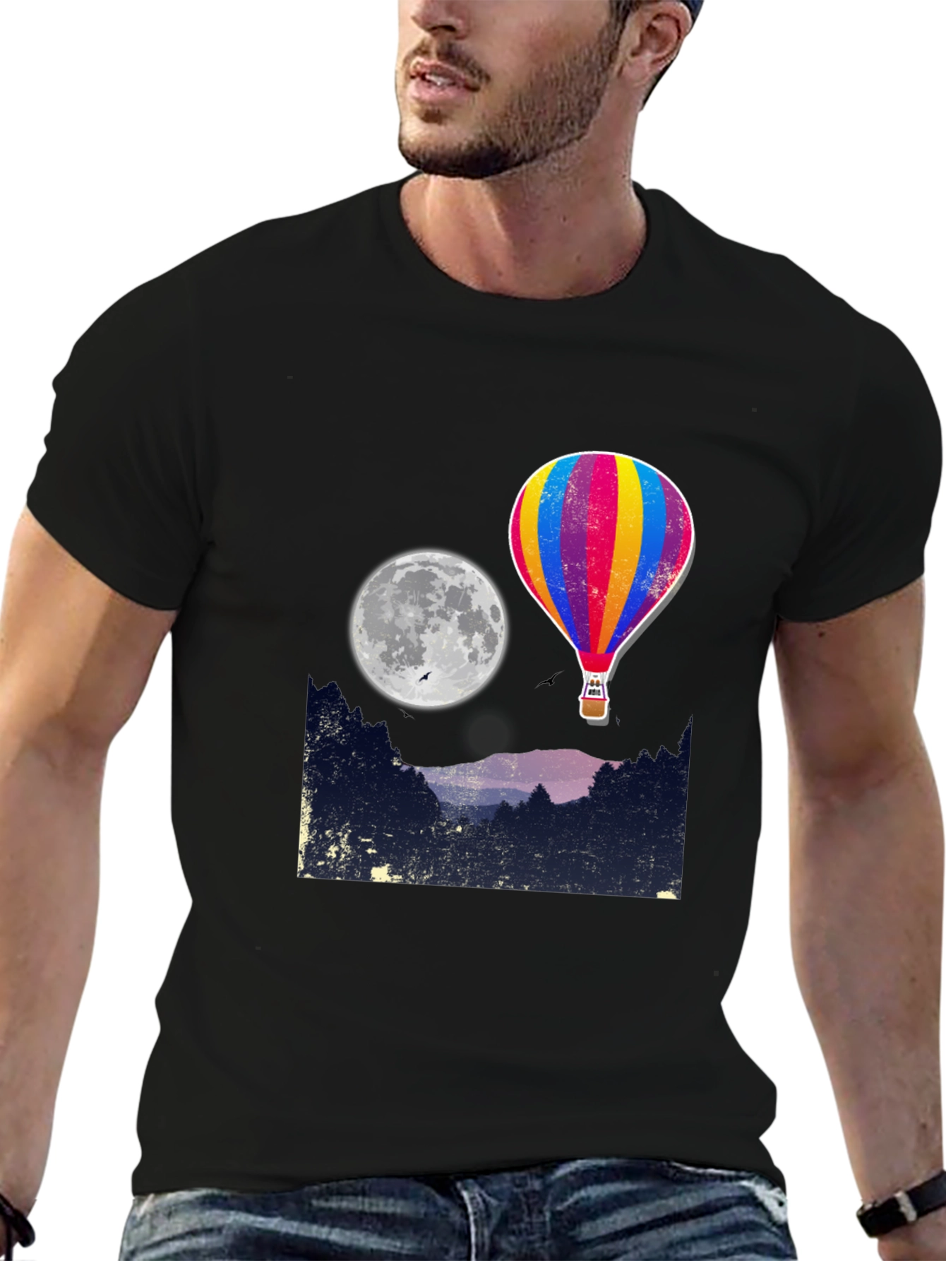 Hot Air Balloon Moon Graphic Tee - Black