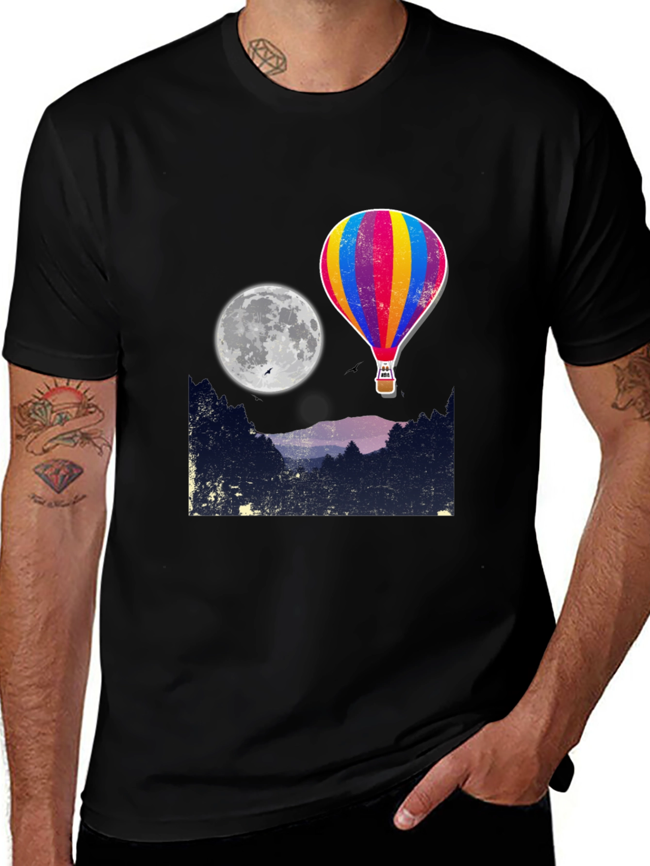 Hot Air Balloon Moon Graphic Tee - Black