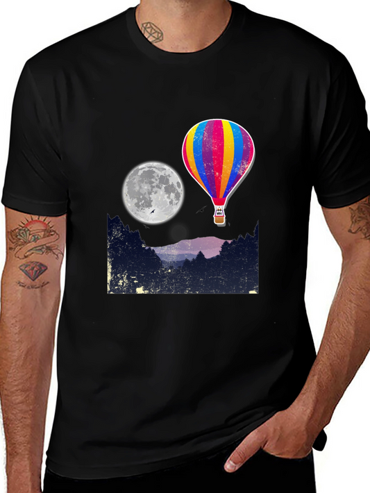 Hot Air Balloon Moon Graphic Tee - Black