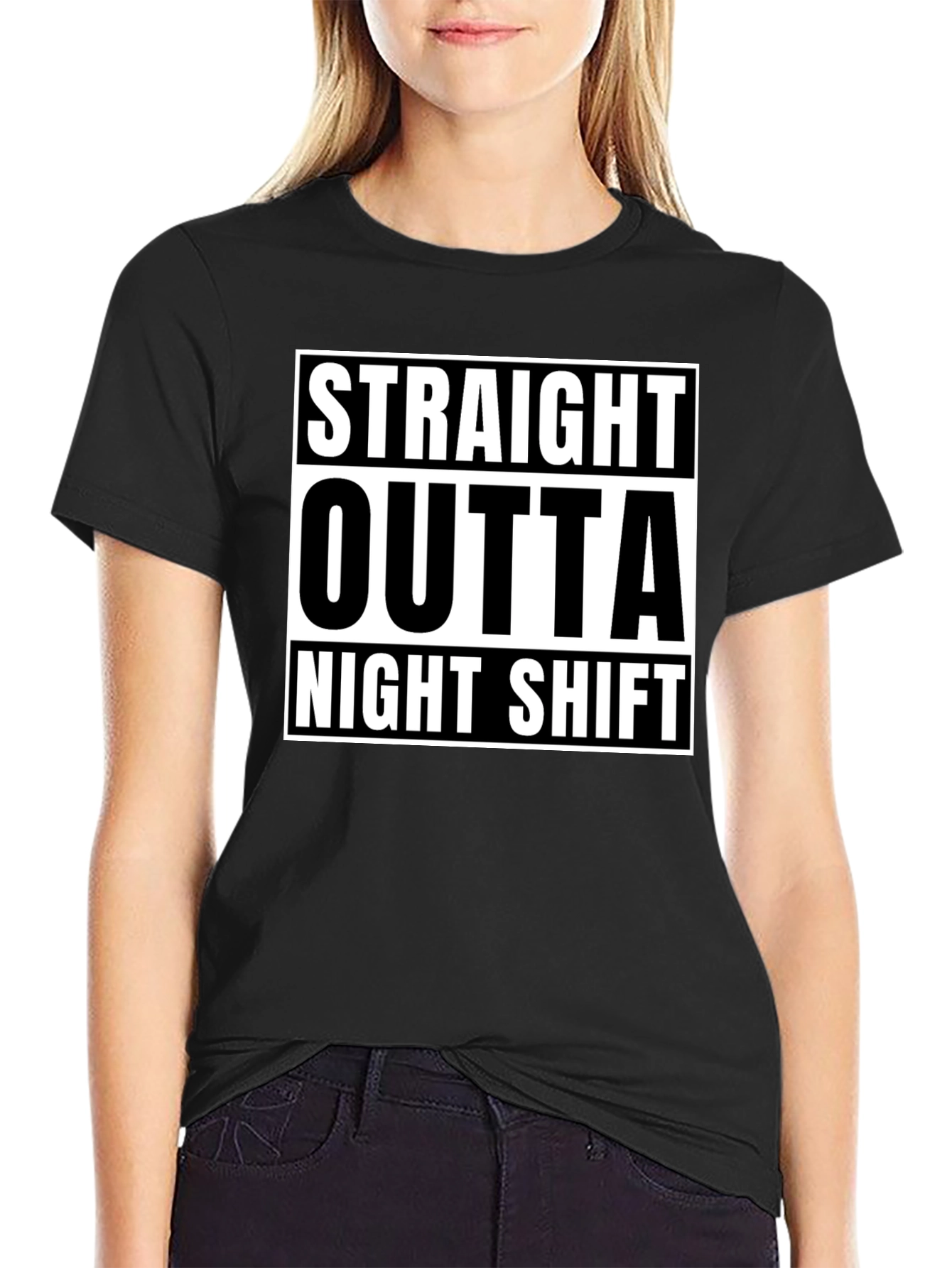 Straight Outta Night Shift Black Graphic T-Shirt