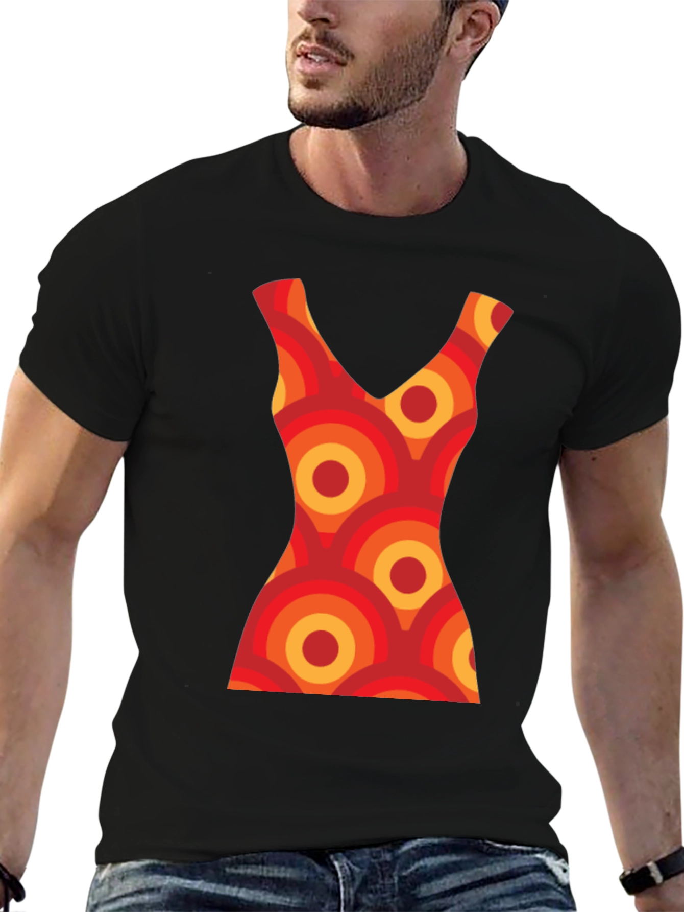 Retro Dress Pattern Graphic Tee - Black Cotton T-Shirt