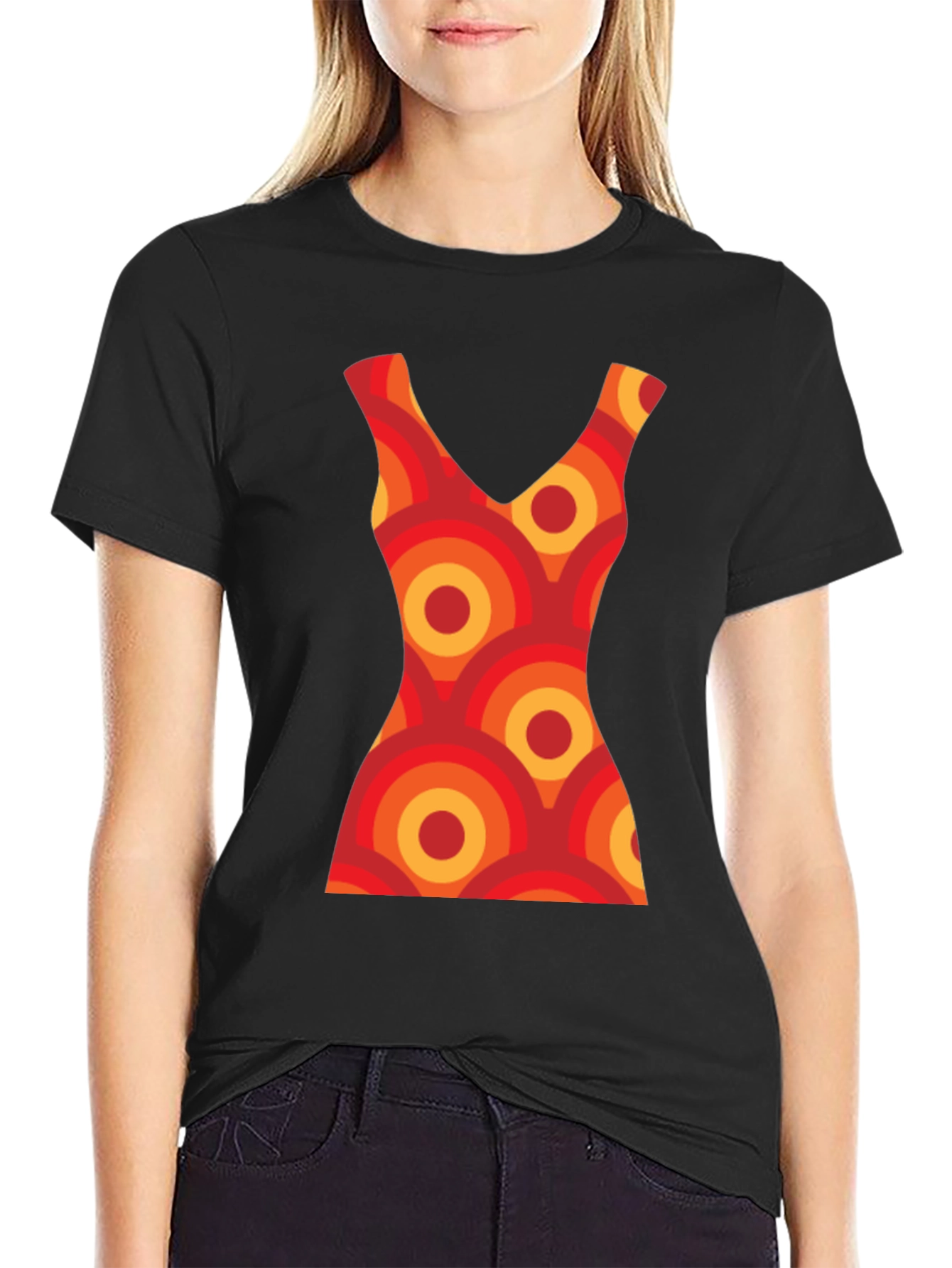 Retro Dress Pattern Graphic Tee - Black Cotton T-Shirt