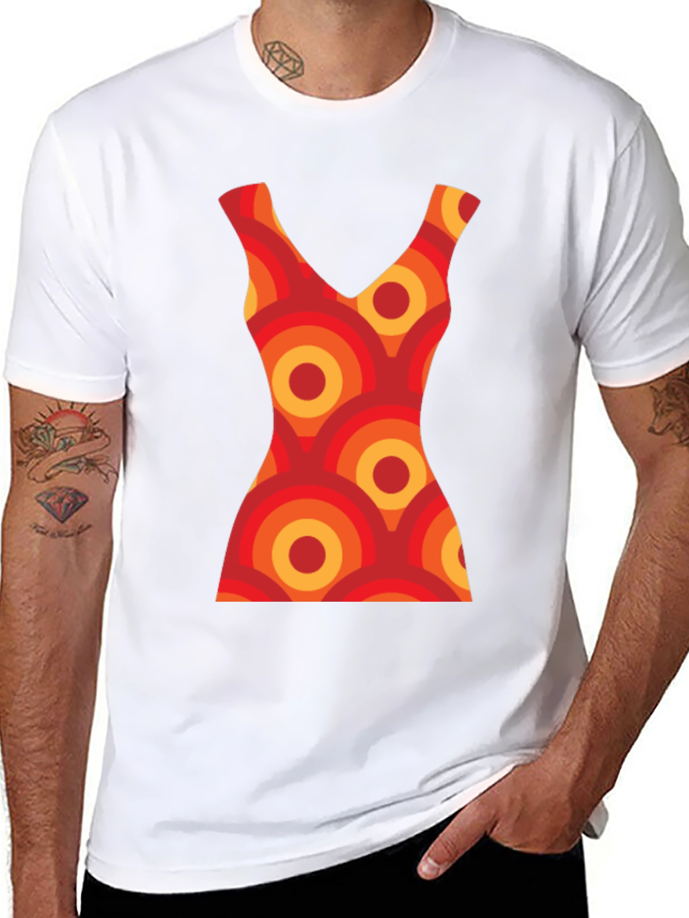 Retro Dress Pattern Graphic Tee - Black Cotton T-Shirt