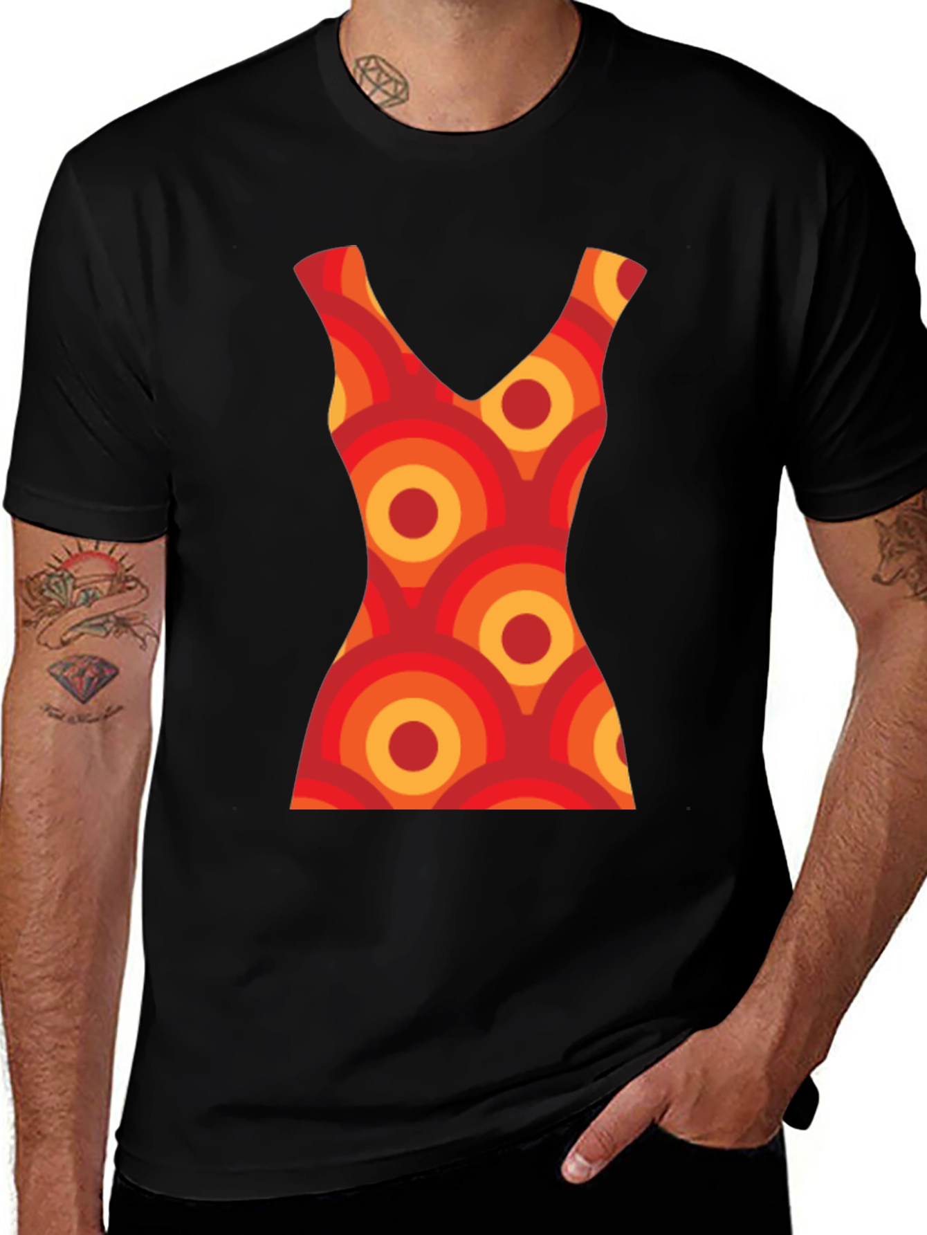 Retro Dress Pattern Graphic Tee - Black Cotton T-Shirt