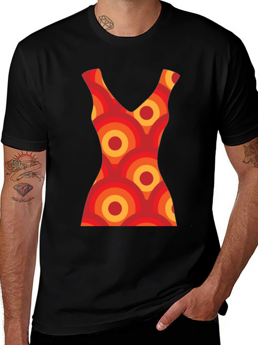 Retro Dress Pattern Graphic Tee - Black Cotton T-Shirt