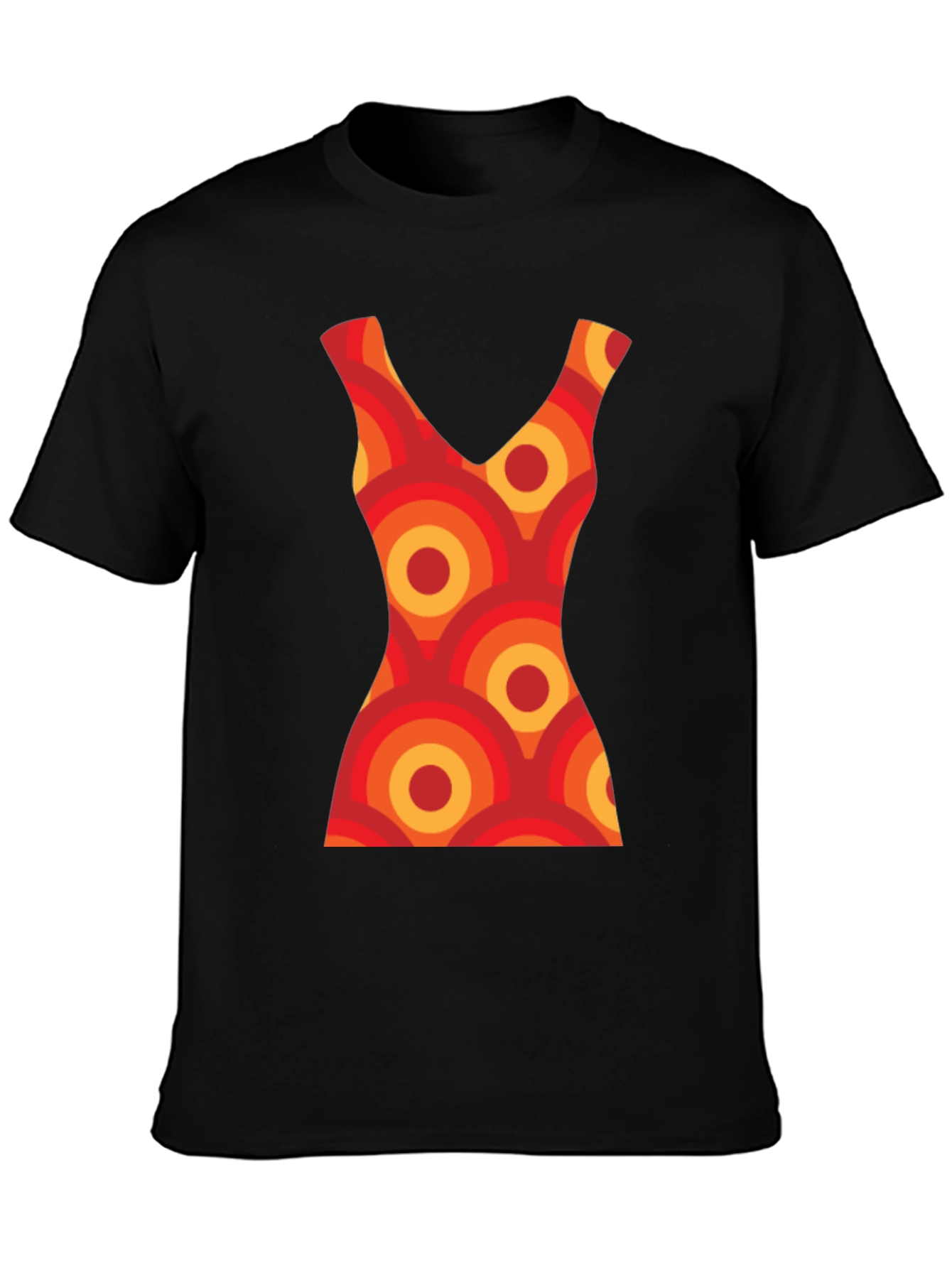 Retro Dress Pattern Graphic Tee - Black Cotton T-Shirt