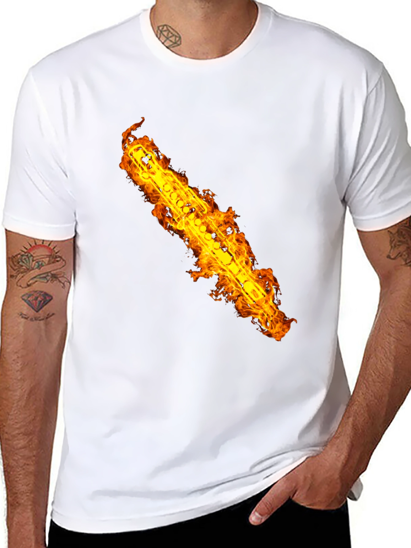 Fiery Flute Graphic Tee - Musicians Cool Black T-Shirt