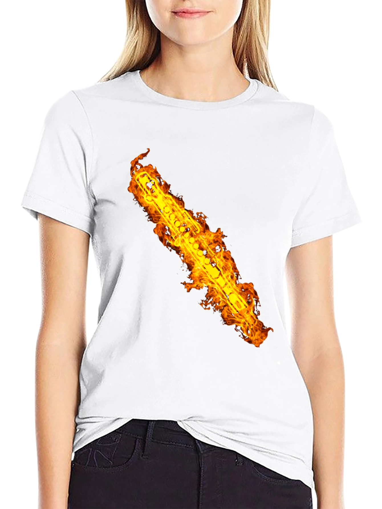 Fiery Flute Graphic Tee - Musicians Cool Black T-Shirt