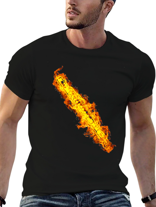 Fiery Flute Graphic Tee - Musicians Cool Black T-Shirt