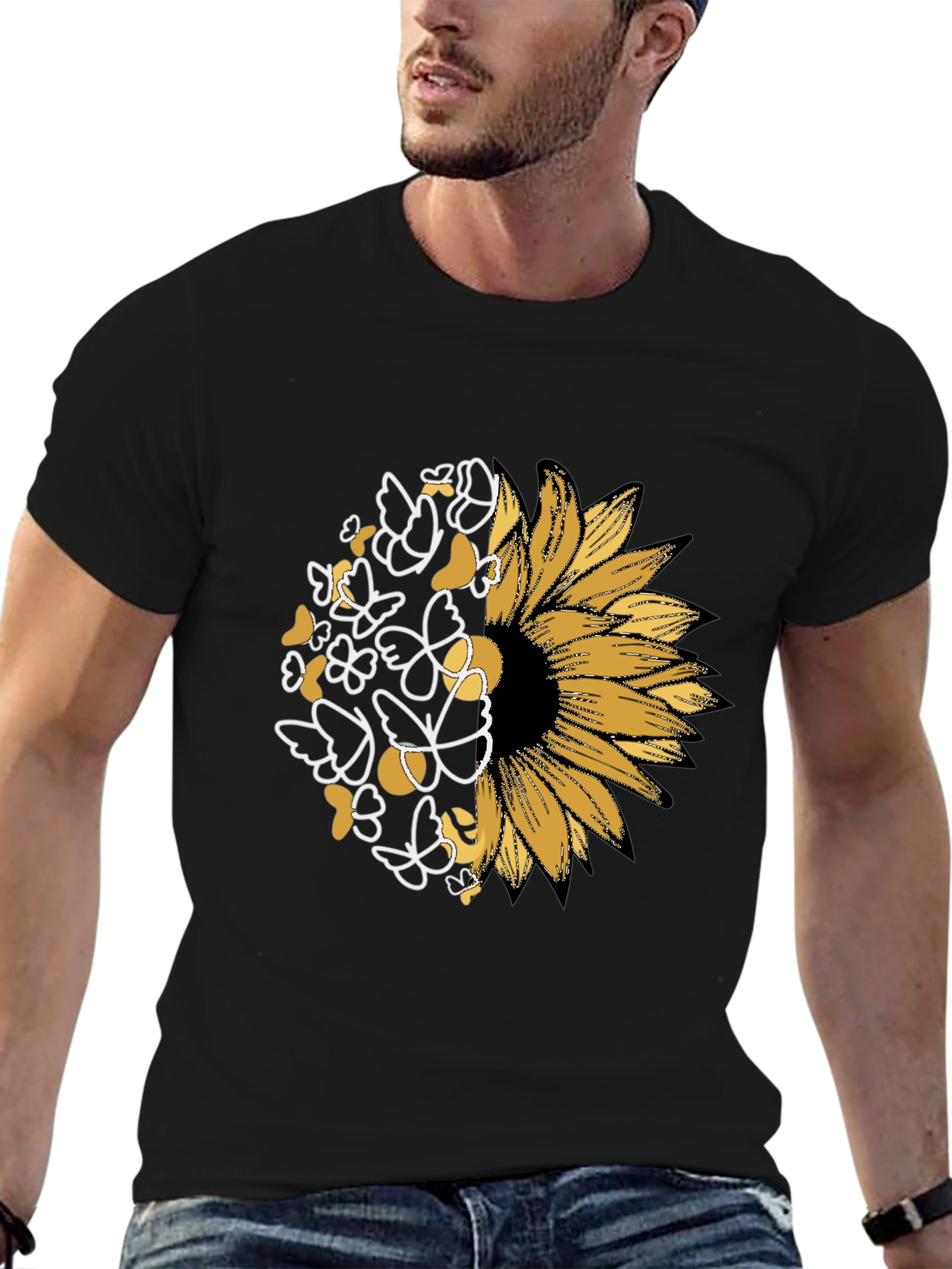 Sunflower Butterfly Graphic Black T-Shirt