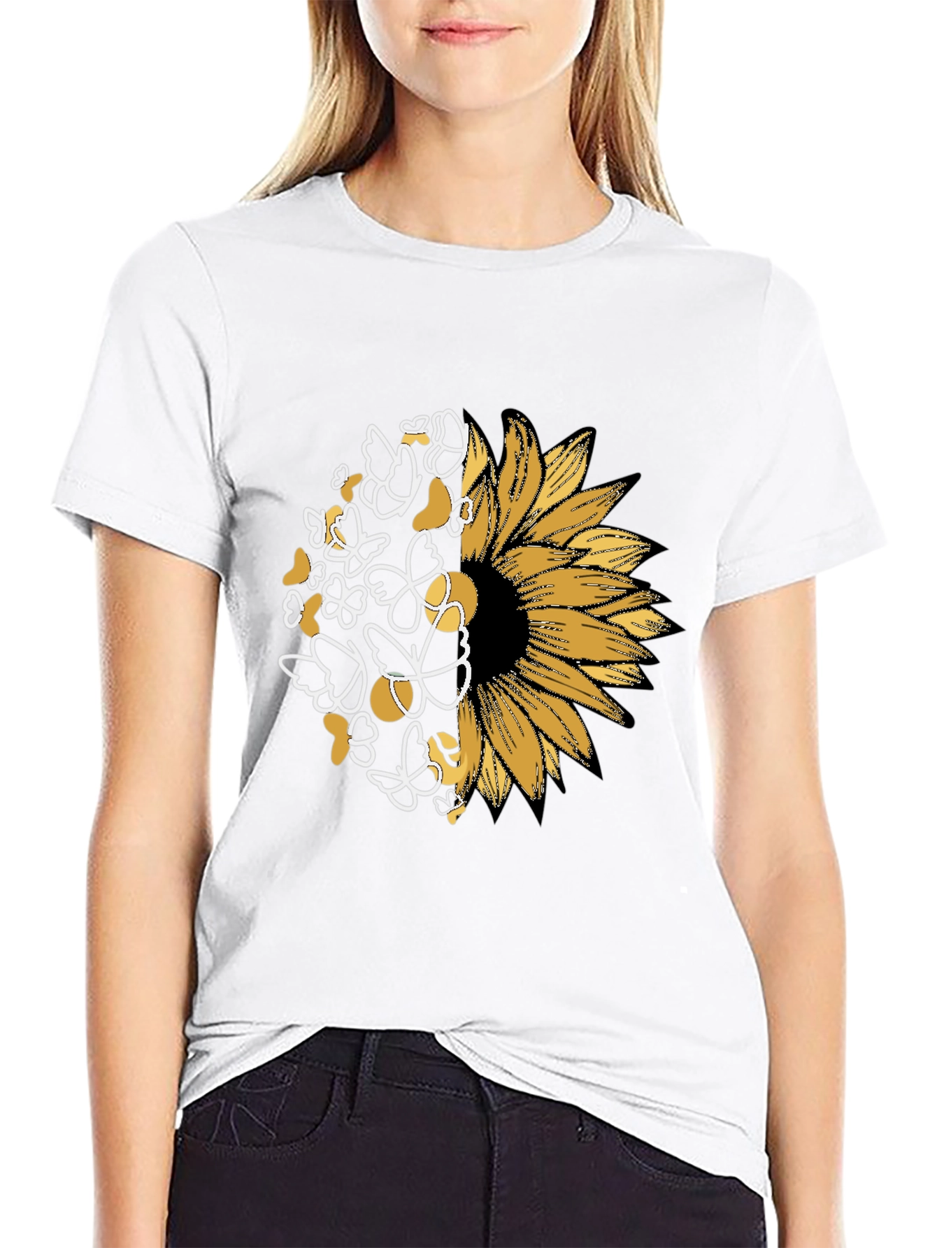 Sunflower Butterfly Graphic Black T-Shirt