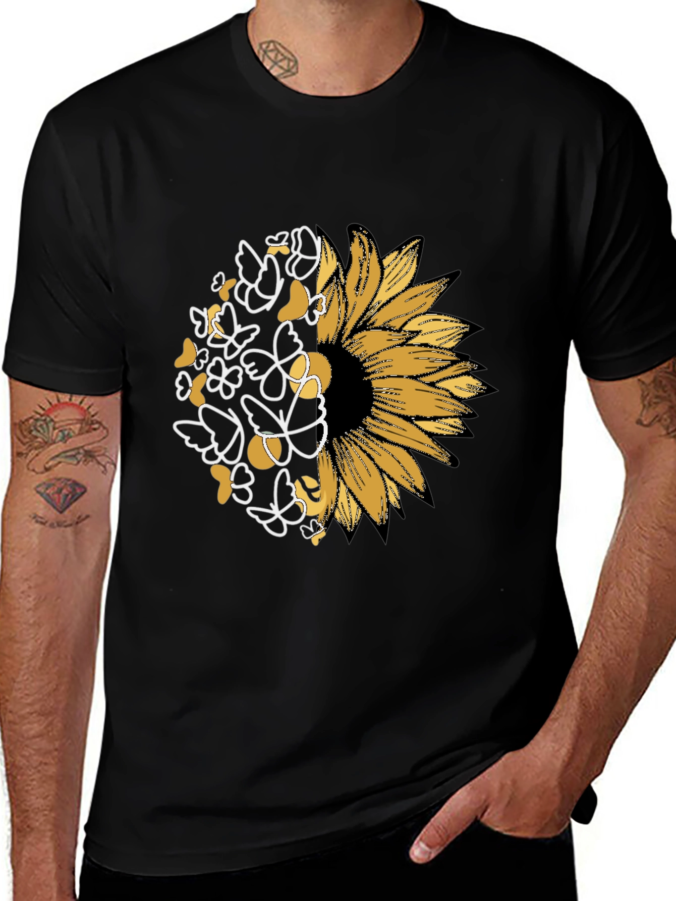 Sunflower Butterfly Graphic Black T-Shirt