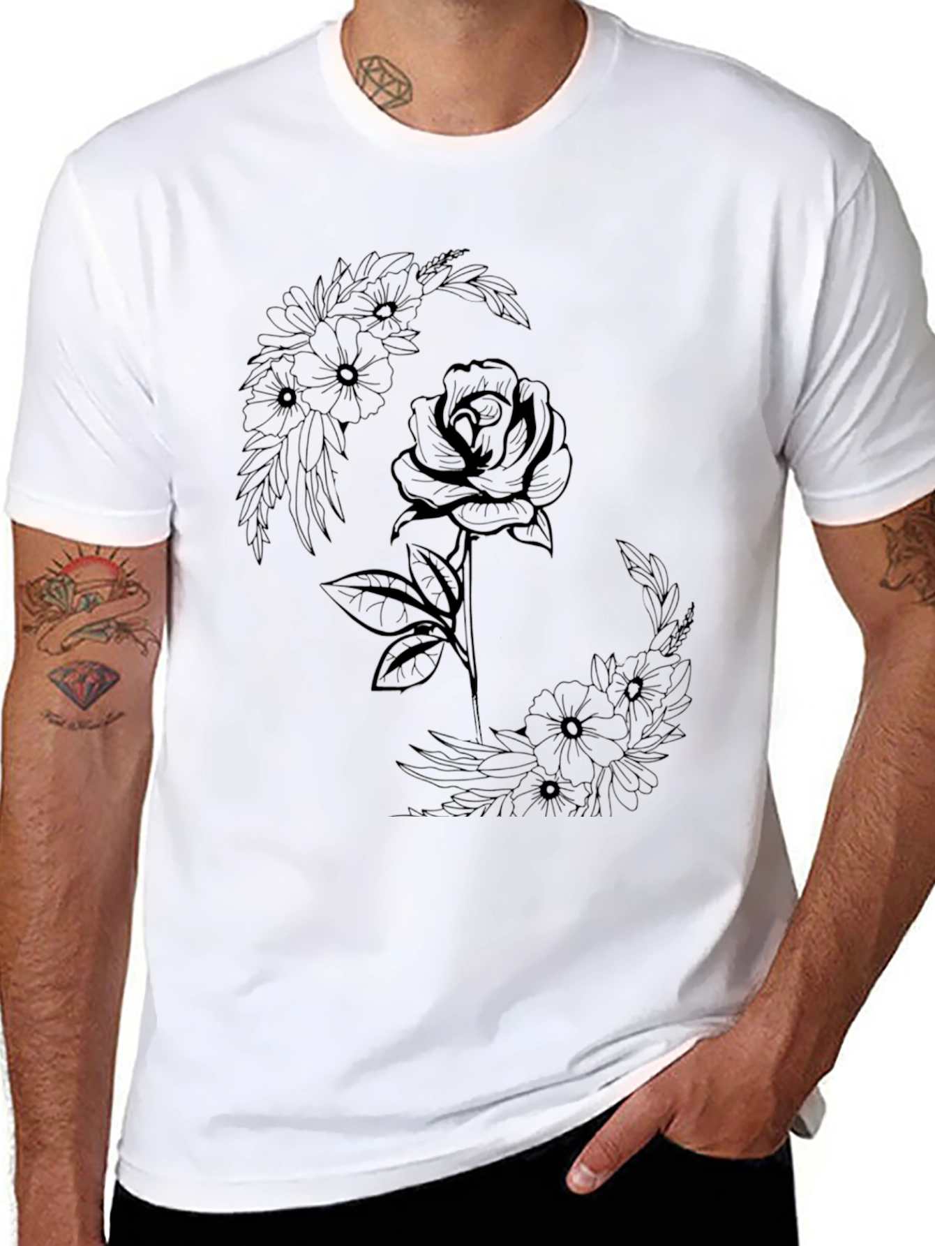 Floral Rose Graphic Tee - Modern Black T-Shirt