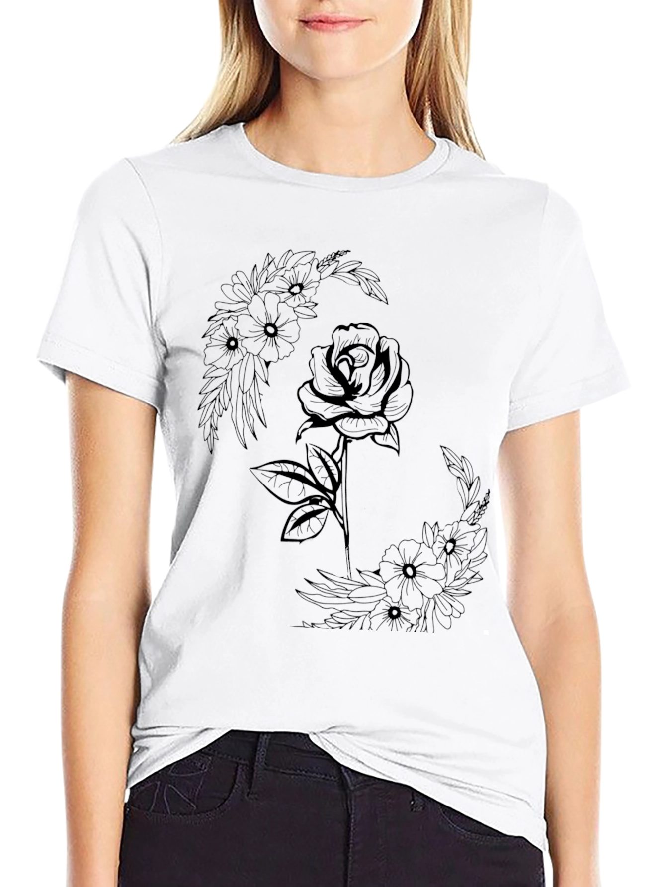 Floral Rose Graphic Tee - Modern Black T-Shirt