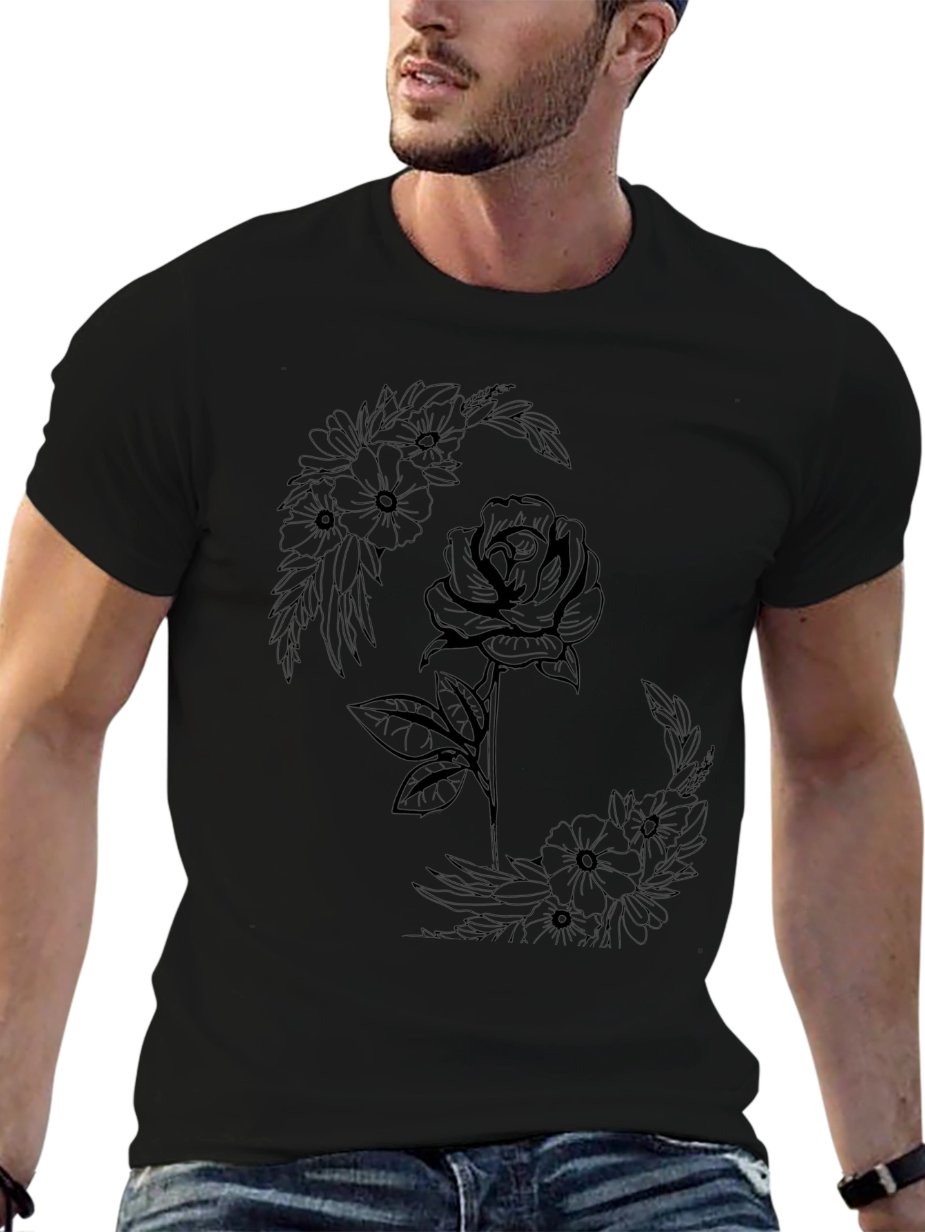 Floral Rose Graphic Tee - Modern Black T-Shirt