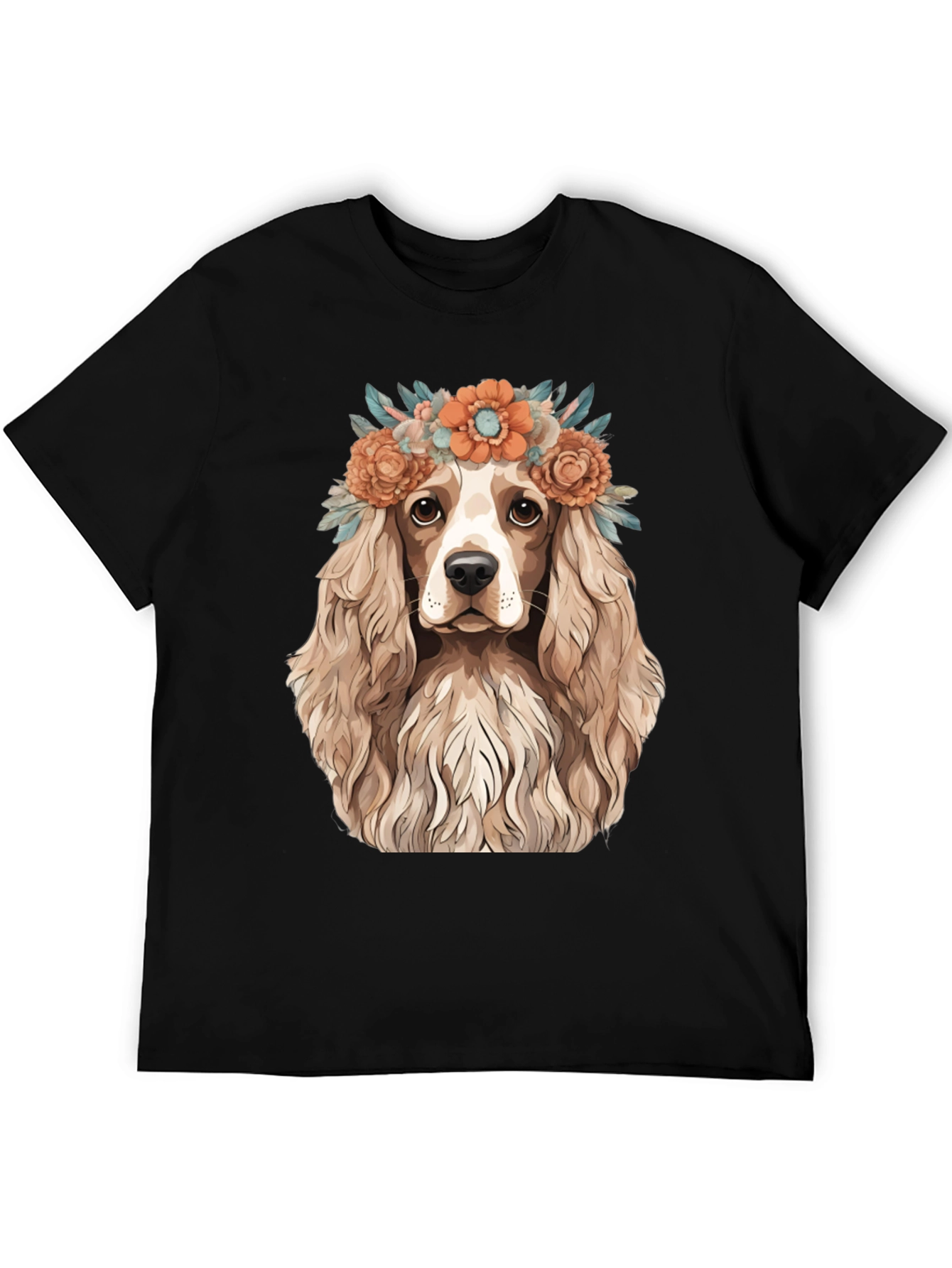 Dog with Flower Crown Black T-Shirt