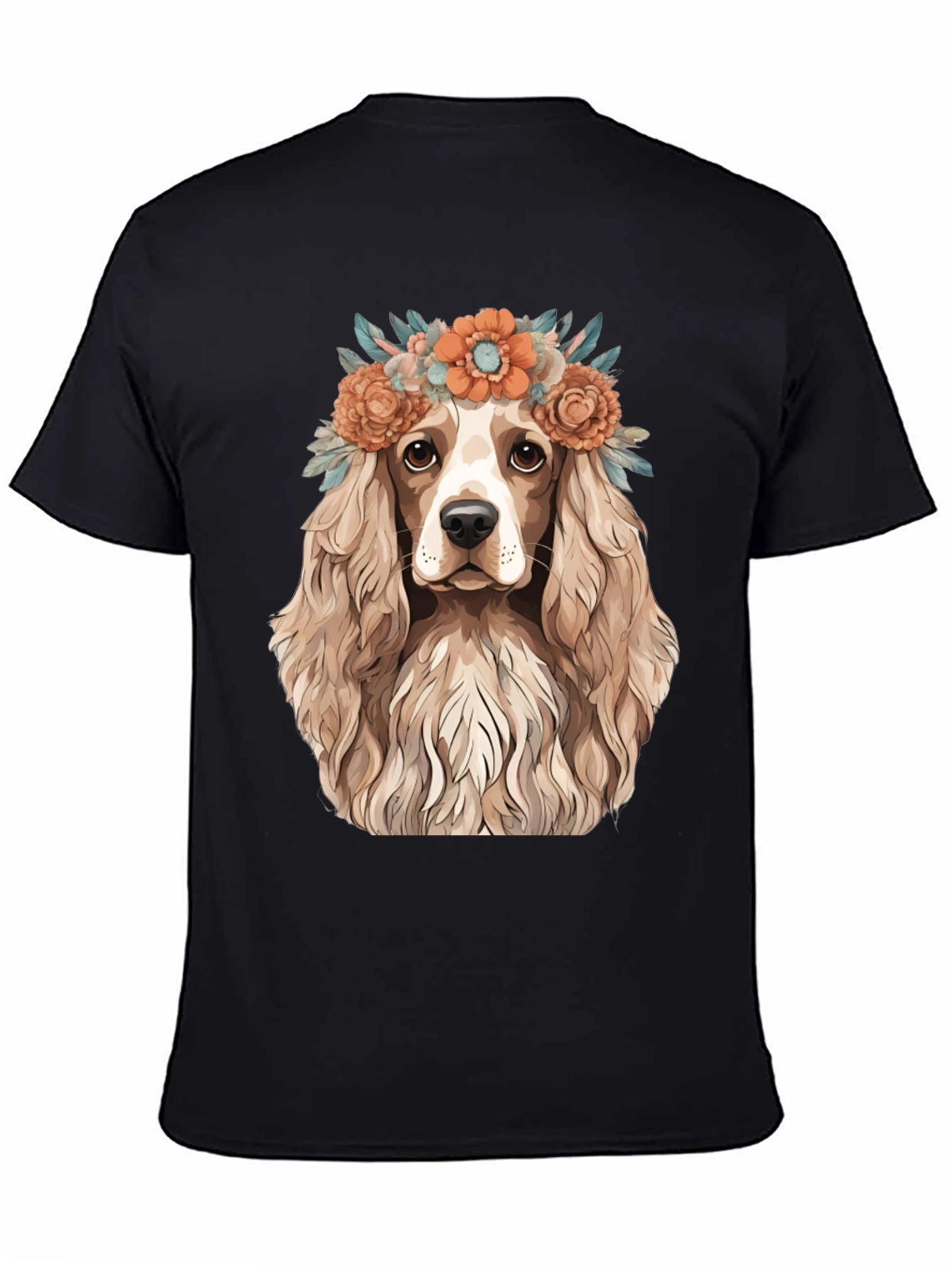 Dog with Flower Crown Black T-Shirt