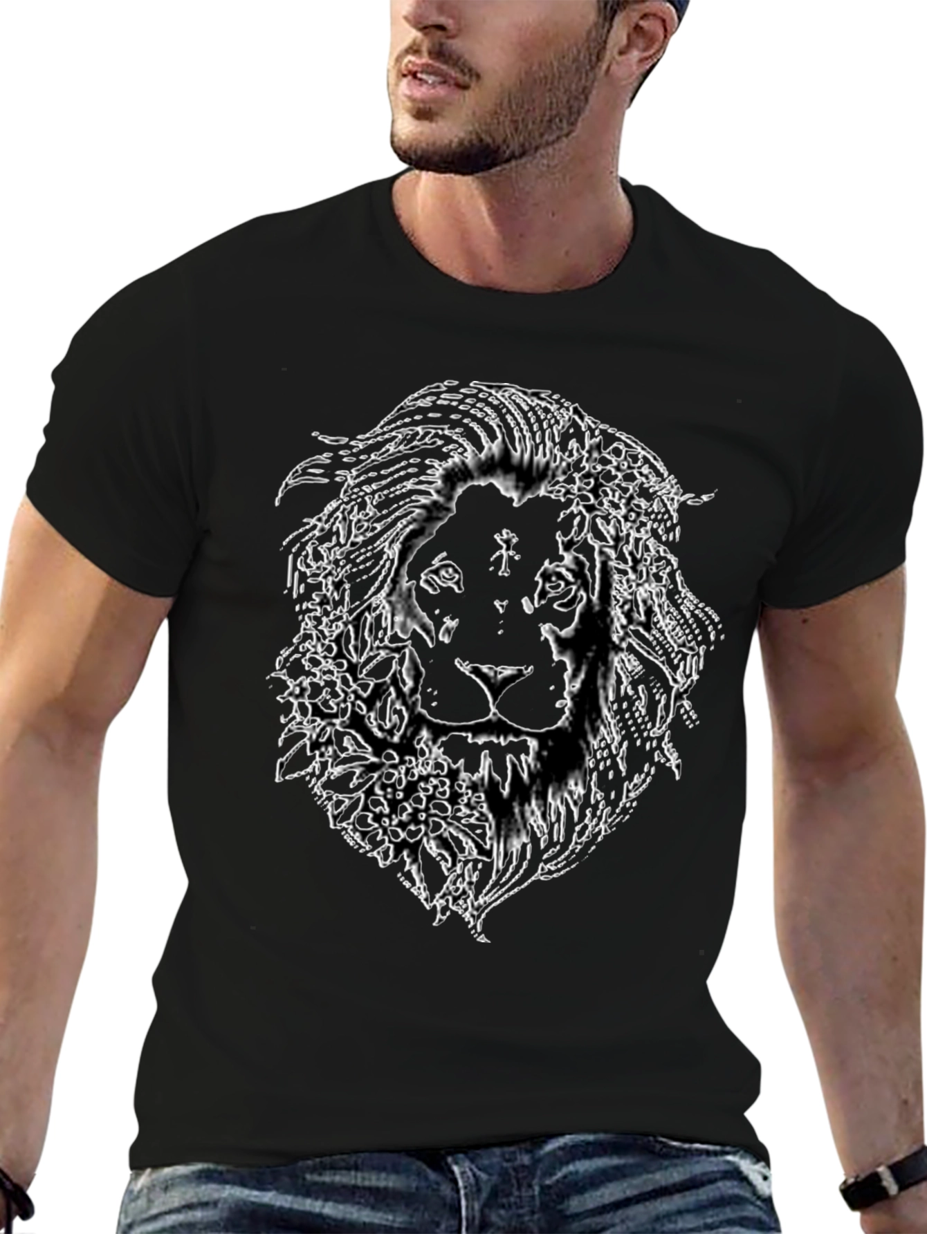 Lion Floral Outline Graphic Tee - Black