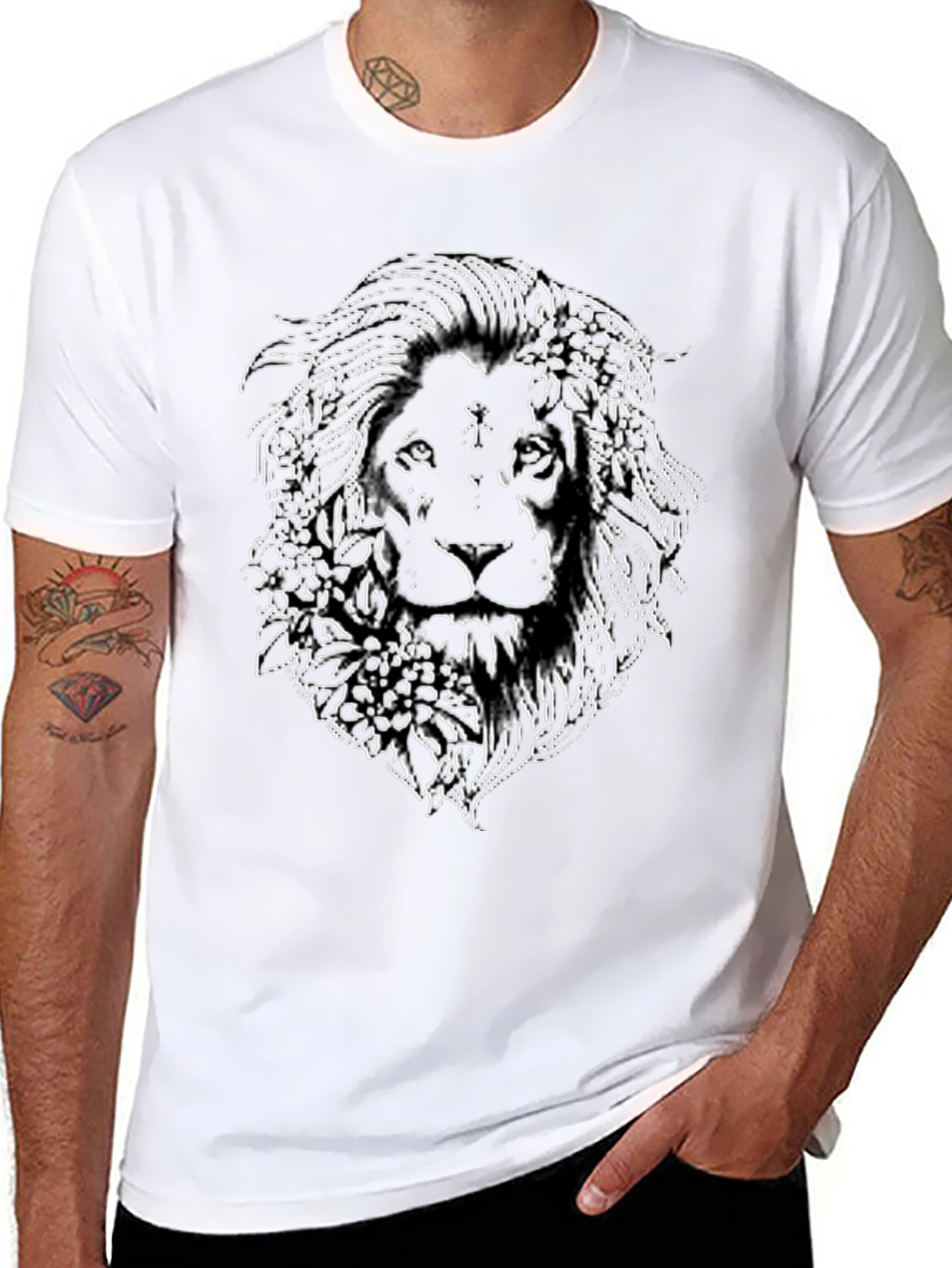 Lion Floral Outline Graphic Tee - Black
