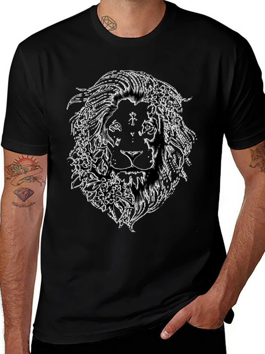 Lion Floral Outline Graphic Tee - Black
