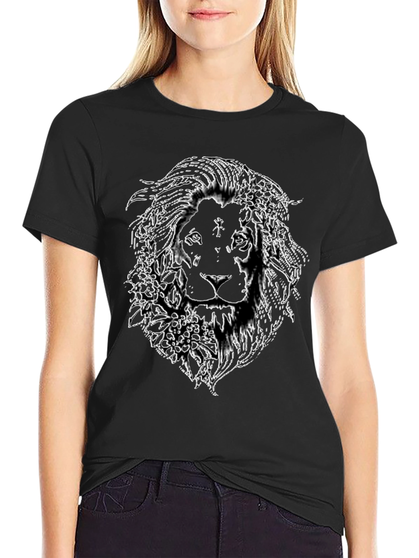 Lion Floral Outline Graphic Tee - Black