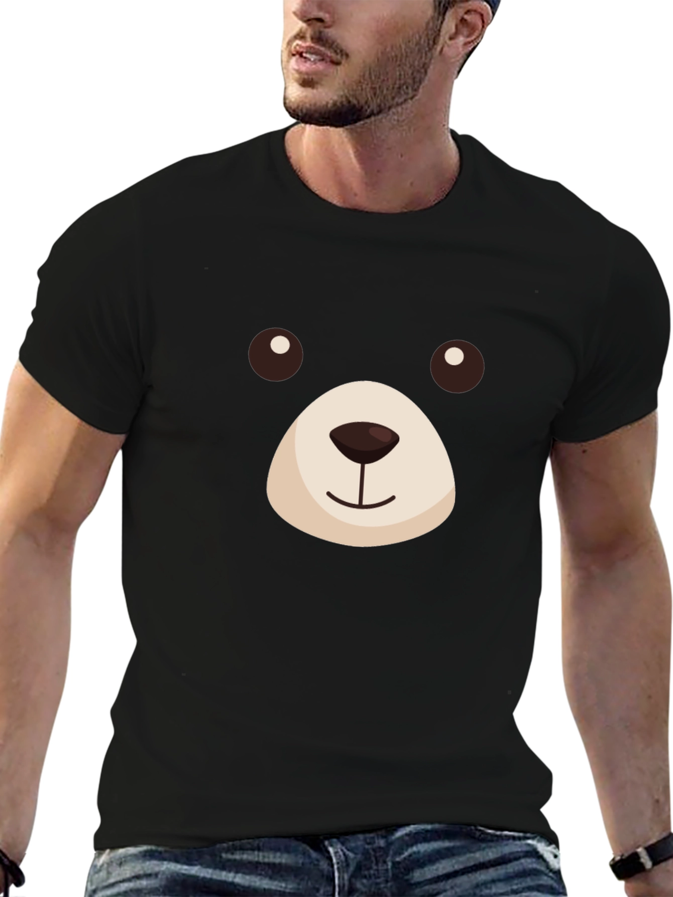 Cute Bear Face Graphic T-Shirt - Black