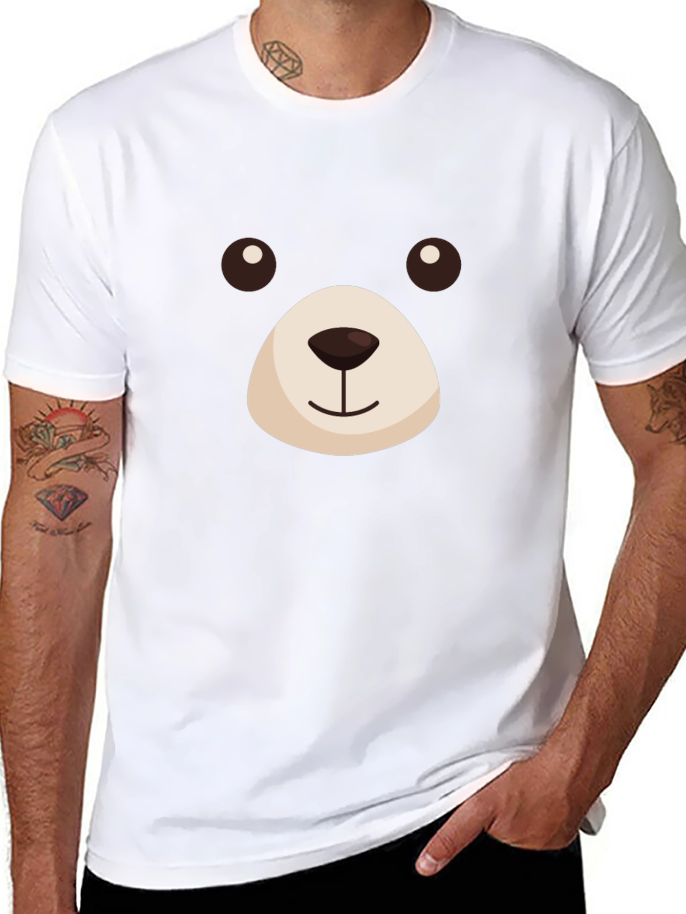 Cute Bear Face Graphic T-Shirt - Black