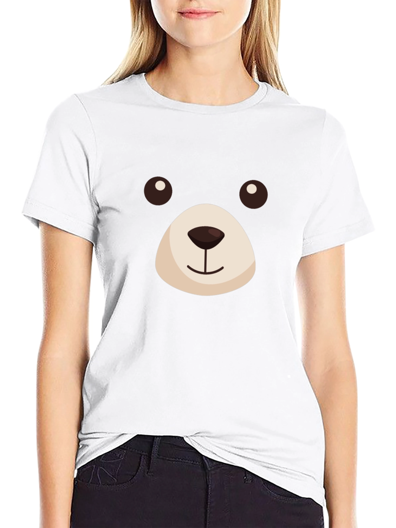 Cute Bear Face Graphic T-Shirt - Black
