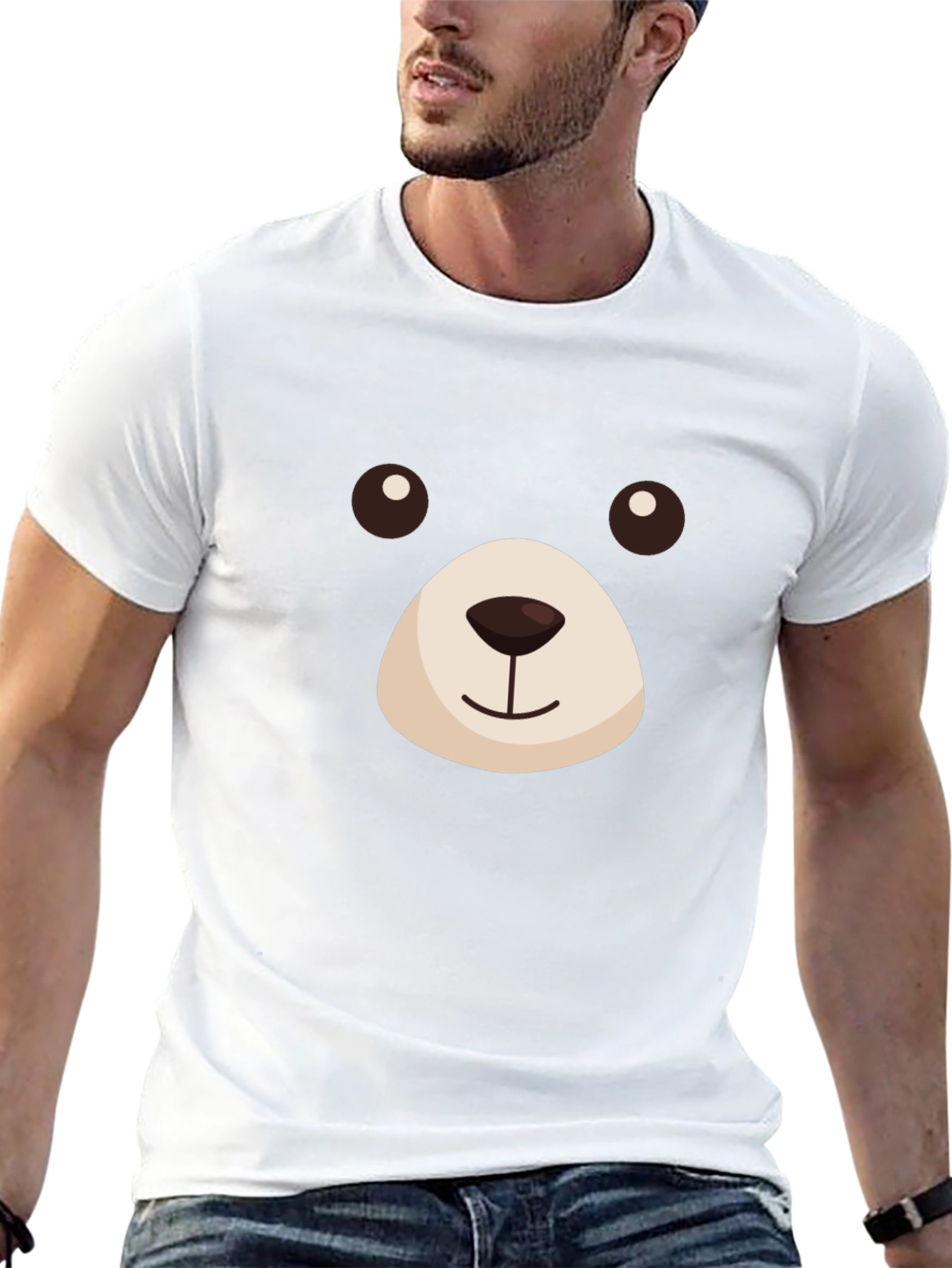 Cute Bear Face Graphic T-Shirt - Black