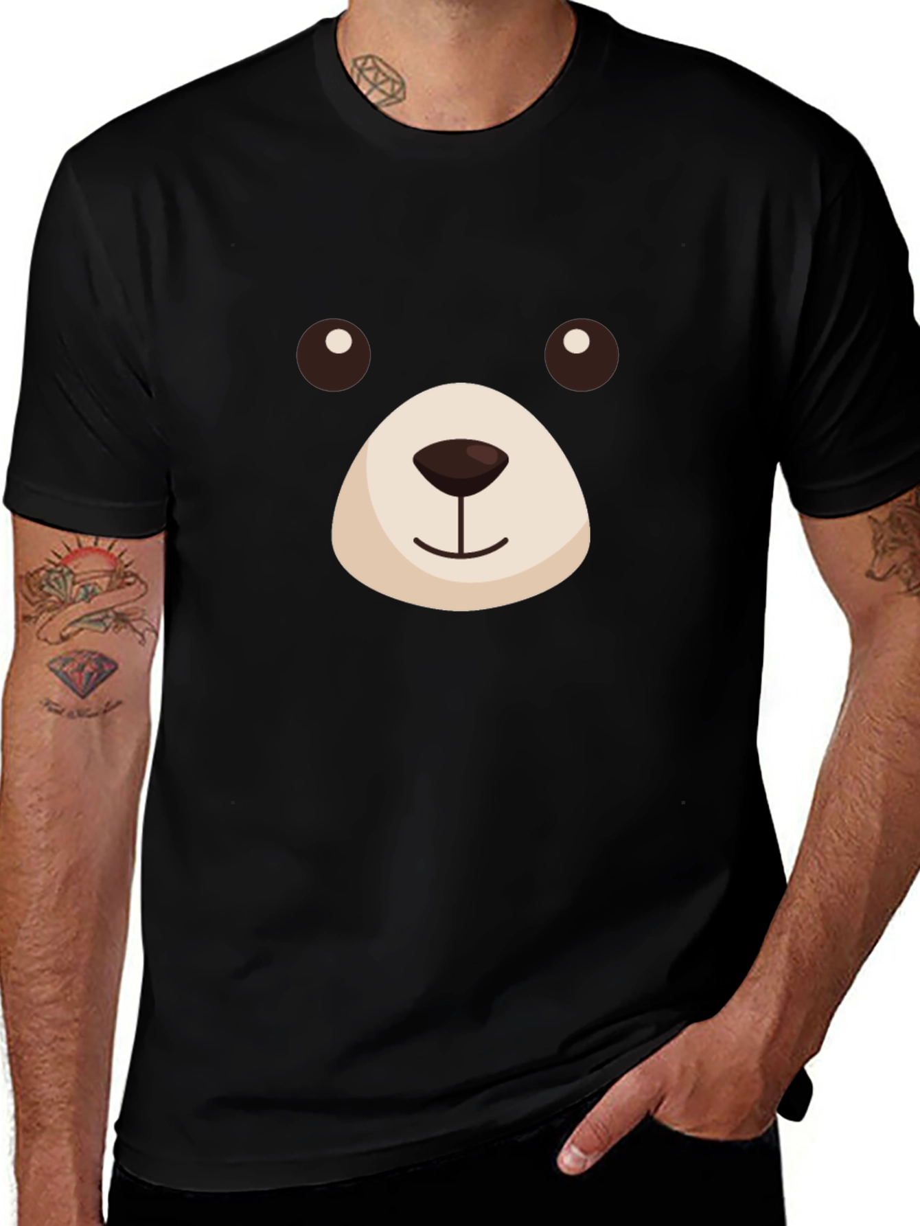 Cute Bear Face Graphic T-Shirt - Black
