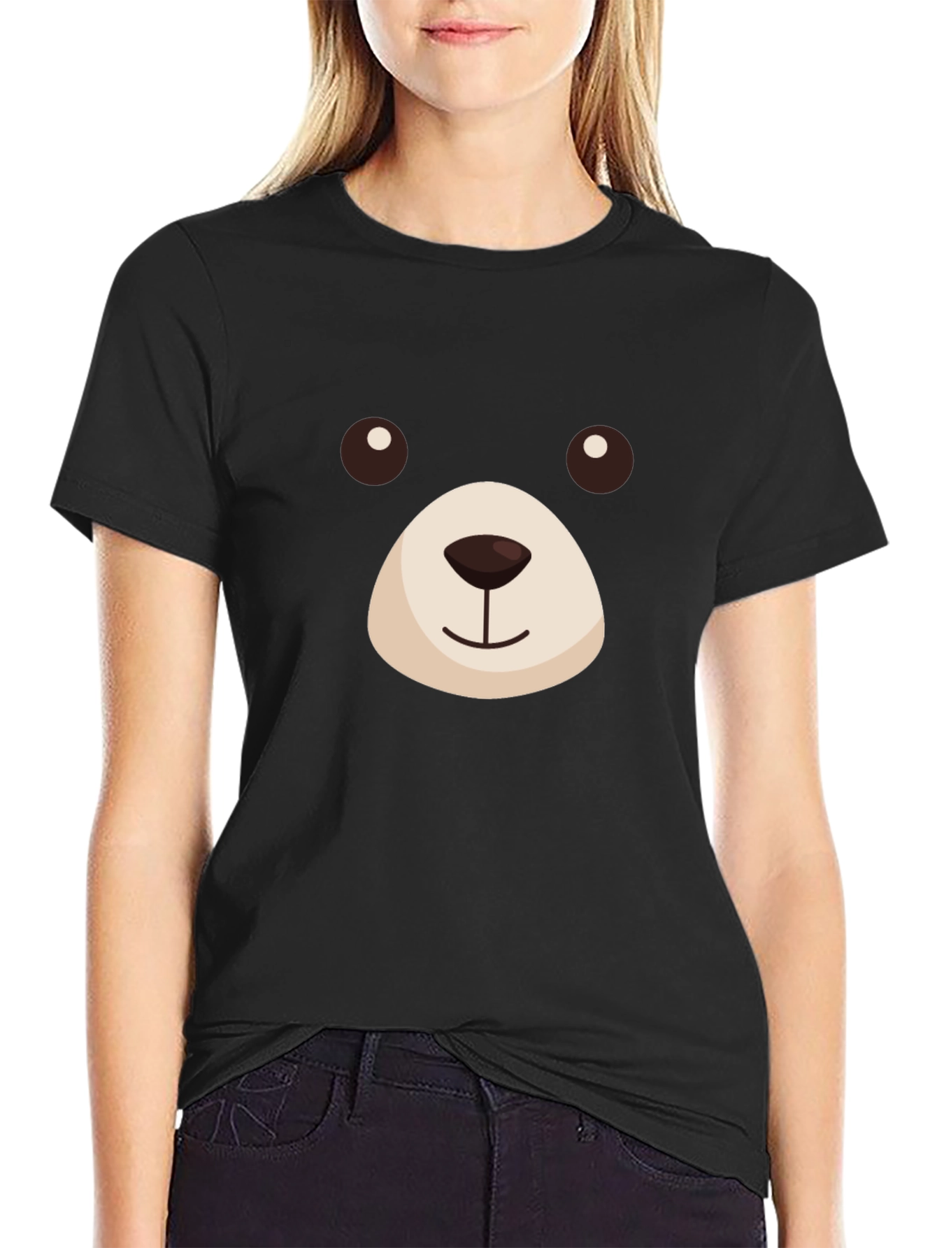 Cute Bear Face Graphic T-Shirt - Black