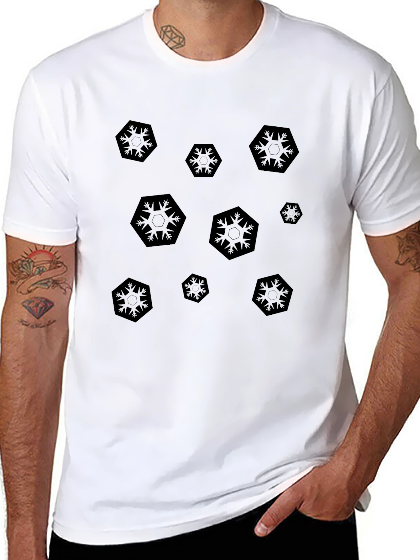 Modern Hexagon Snowflake Black T-Shirt