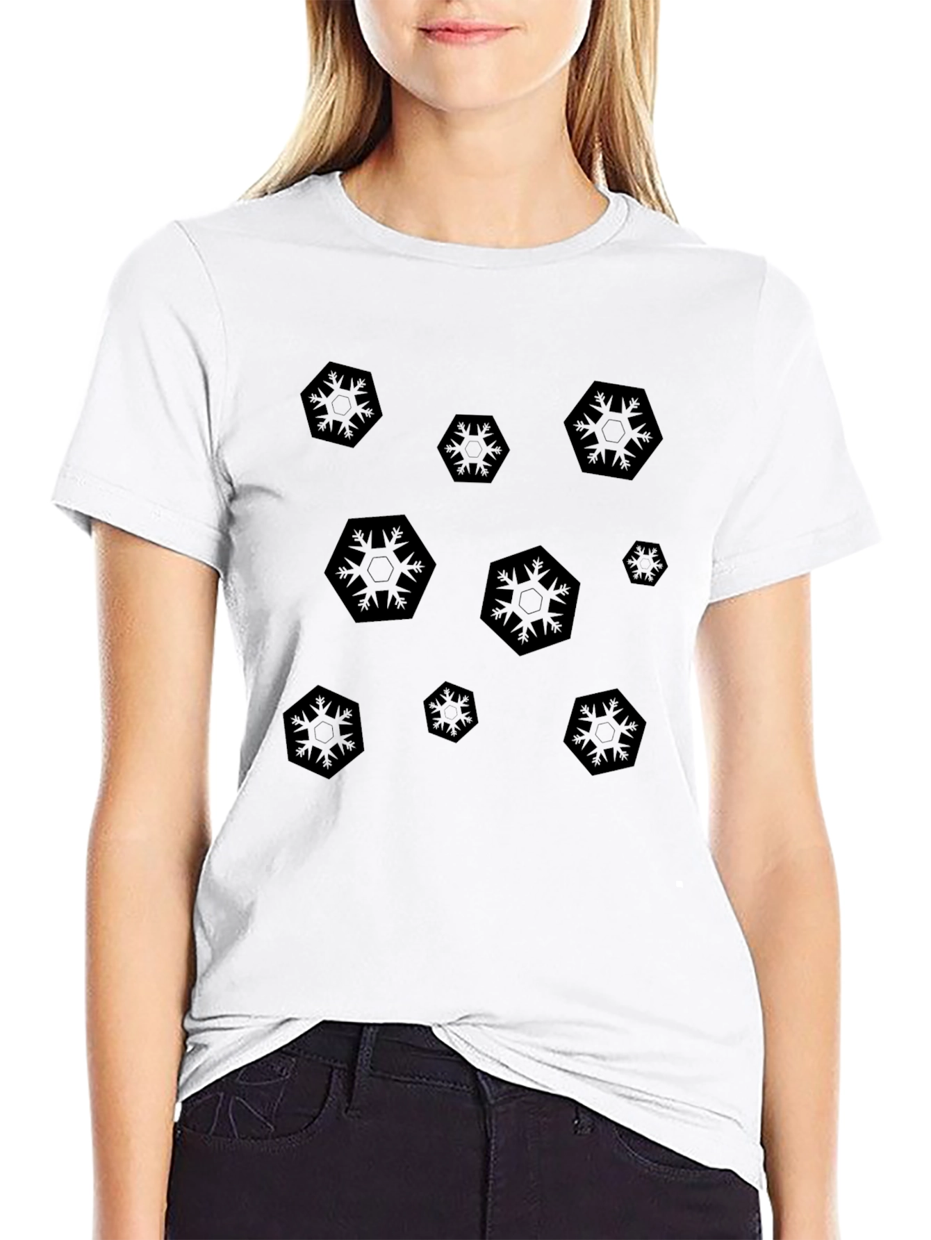 Modern Hexagon Snowflake Black T-Shirt