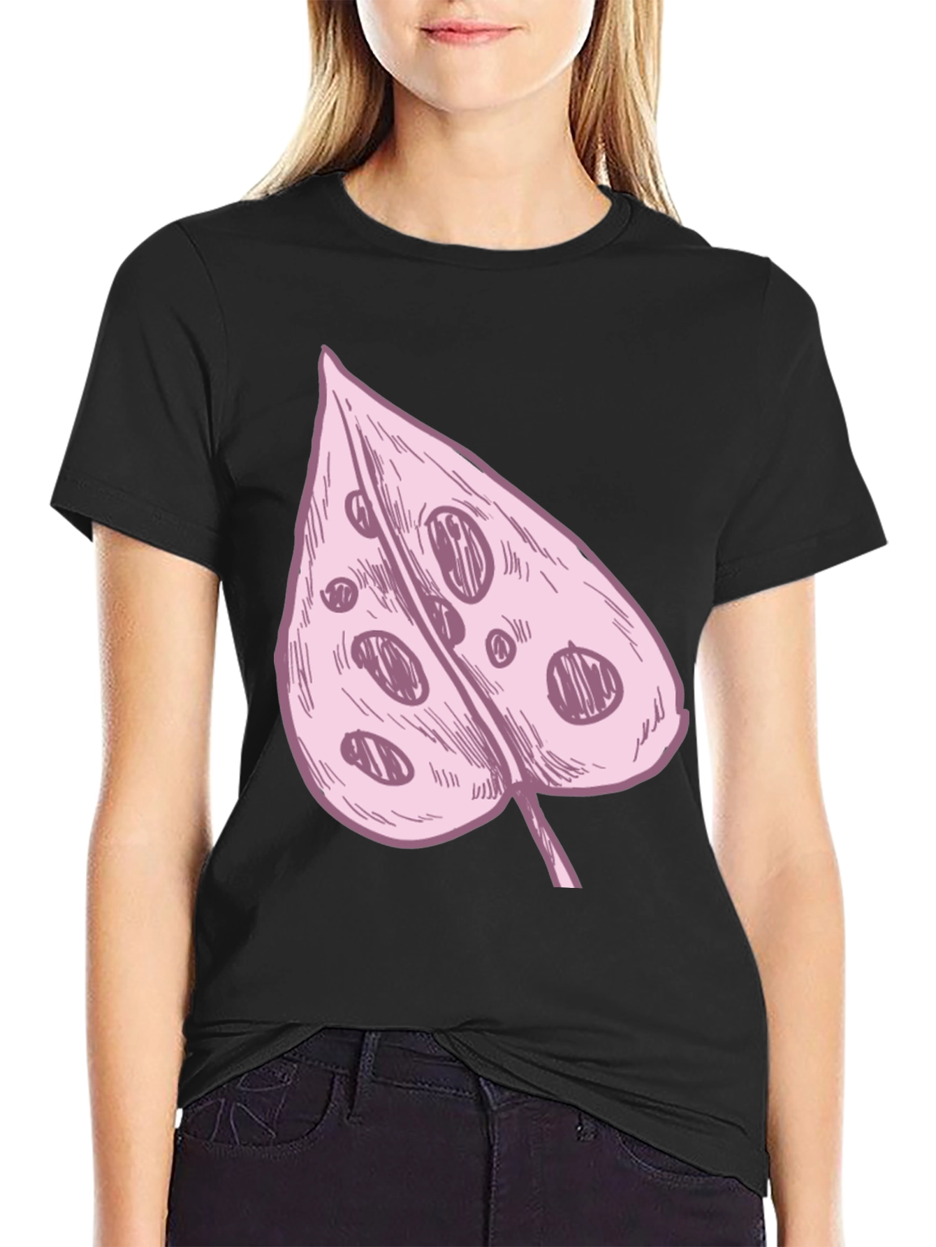 Pink Swiss Cheese Leaf Graphic Black Tee
