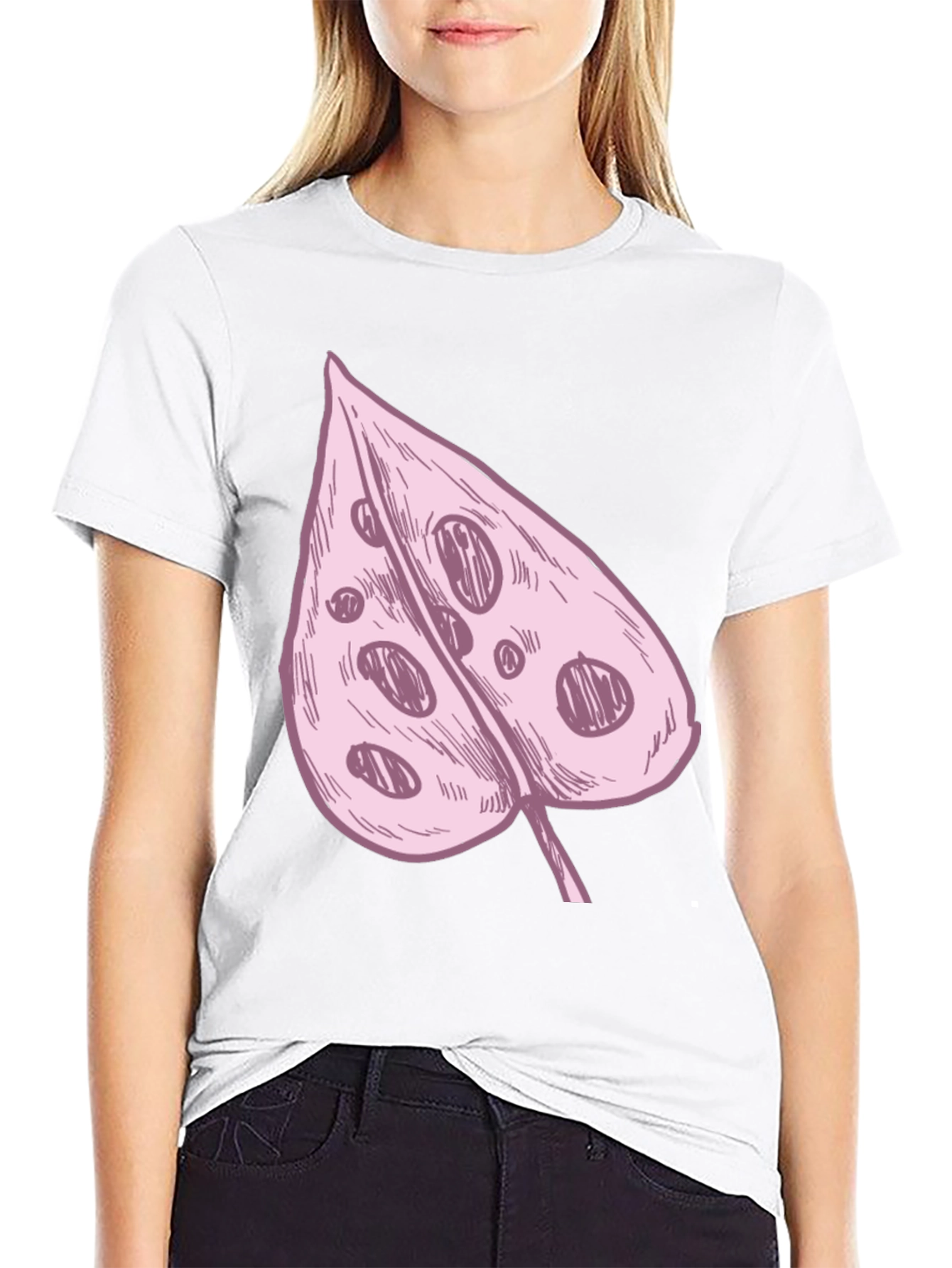Pink Swiss Cheese Leaf Graphic Black Tee