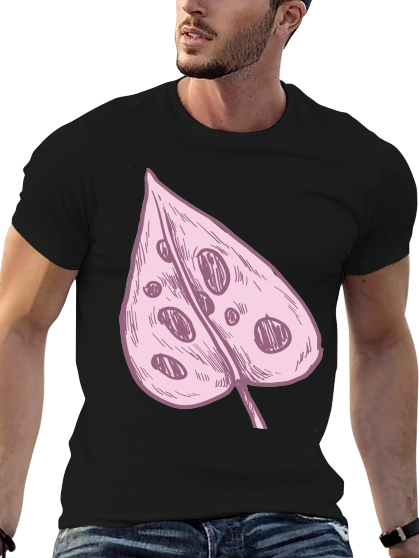 Pink Swiss Cheese Leaf Graphic Black Tee