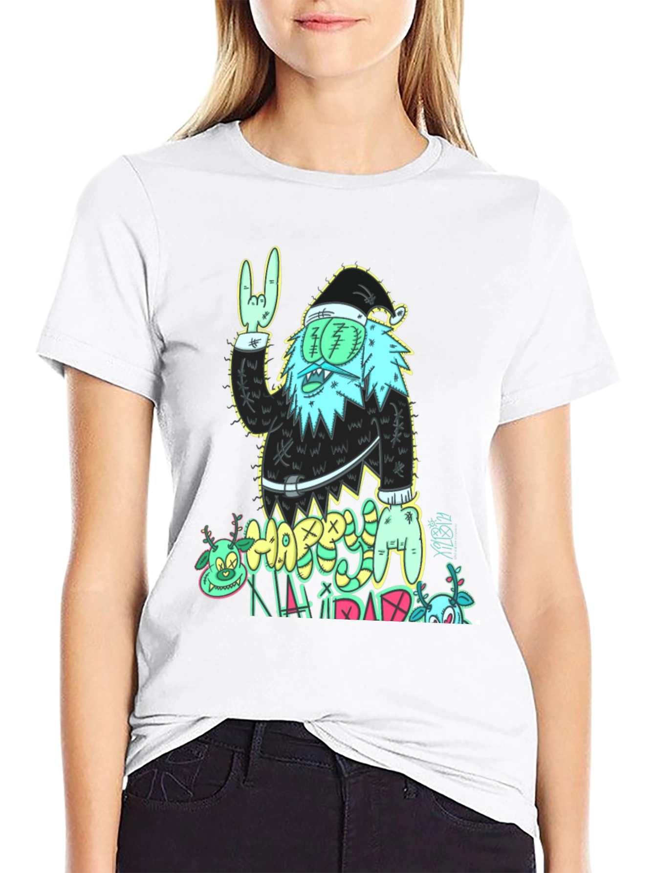 Zombie Santa Graphic Print Black T-Shirt