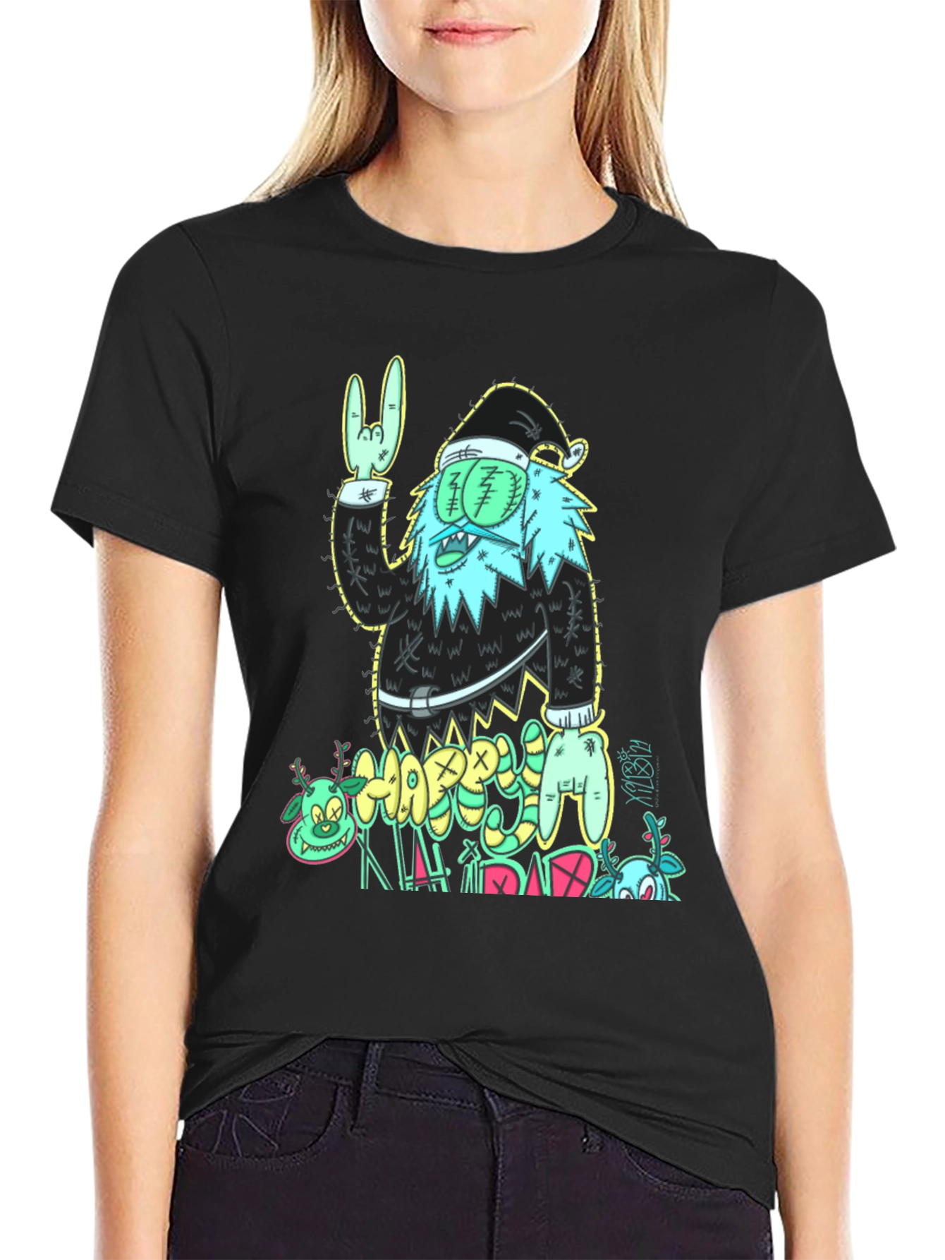 Zombie Santa Graphic Print Black T-Shirt