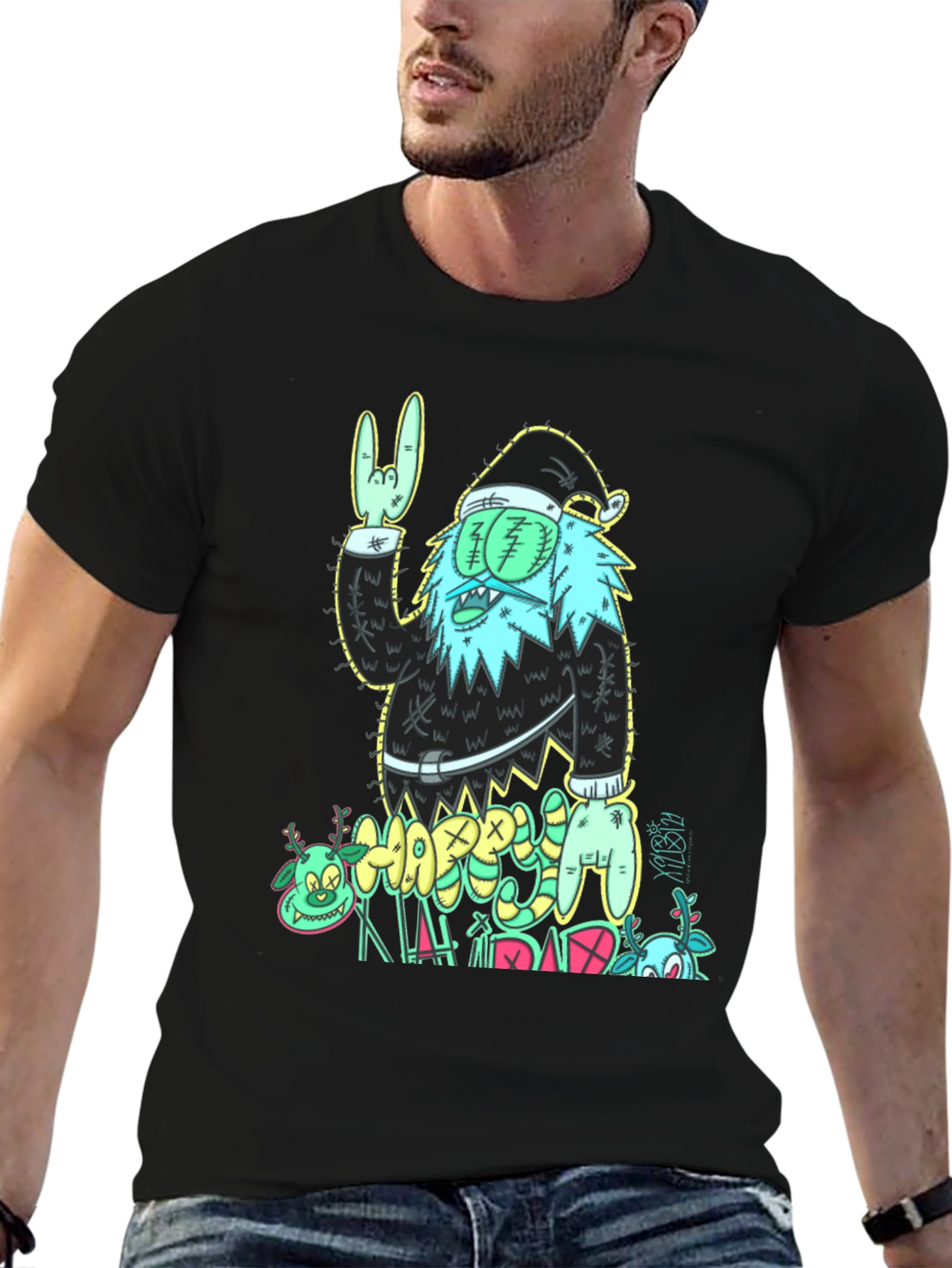 Zombie Santa Graphic Print Black T-Shirt