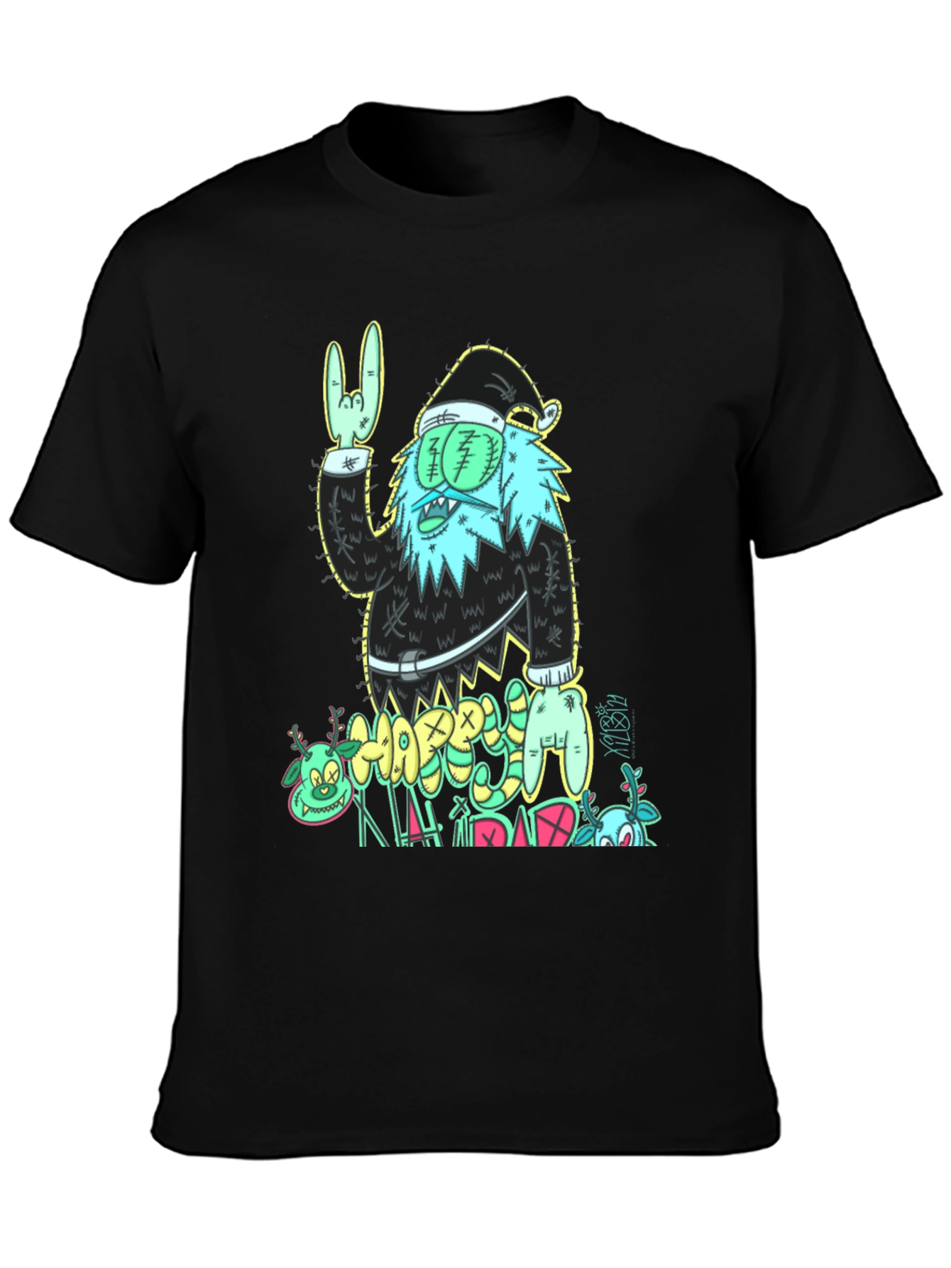 Zombie Santa Graphic Print Black T-Shirt