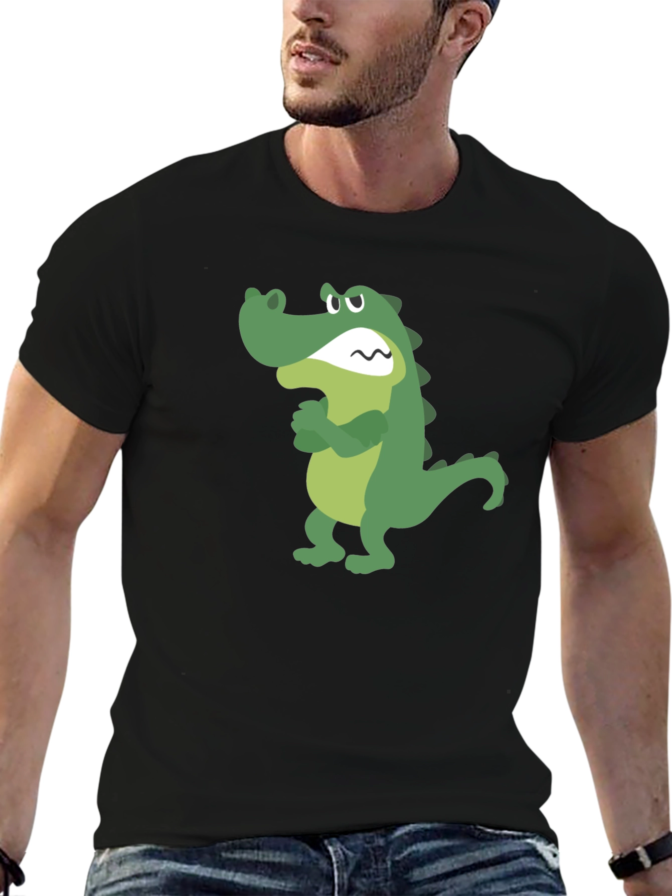 Cartoon Alligator Graphic Tee - Black Cotton T-Shirt