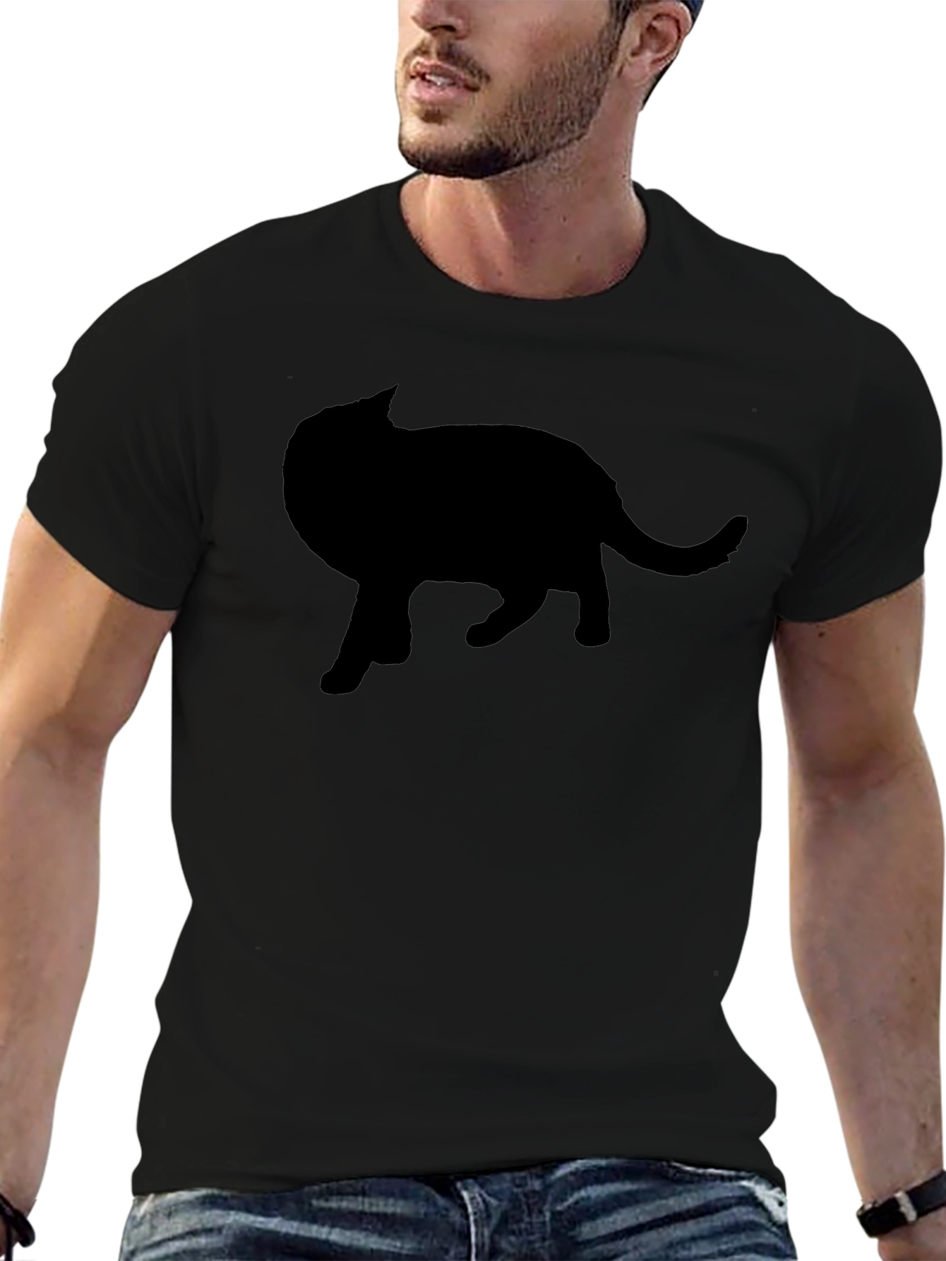 Black Cat Silhouette Graphic Tee - Mens Crew Neck