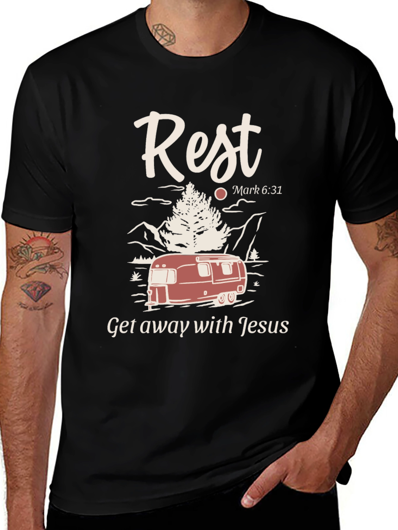 Rest Getaway T-Shirt: Camping with Jesus Tee